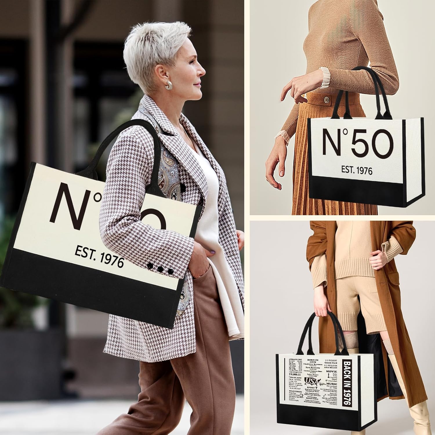 50th Birthday Gifts for Women Tote Bag, 50 Years Old Gift for Her, Happy 50th Birthday Gifts for Her Turning 50, Vintage 1976 Canvas Bday Bag - Image 5