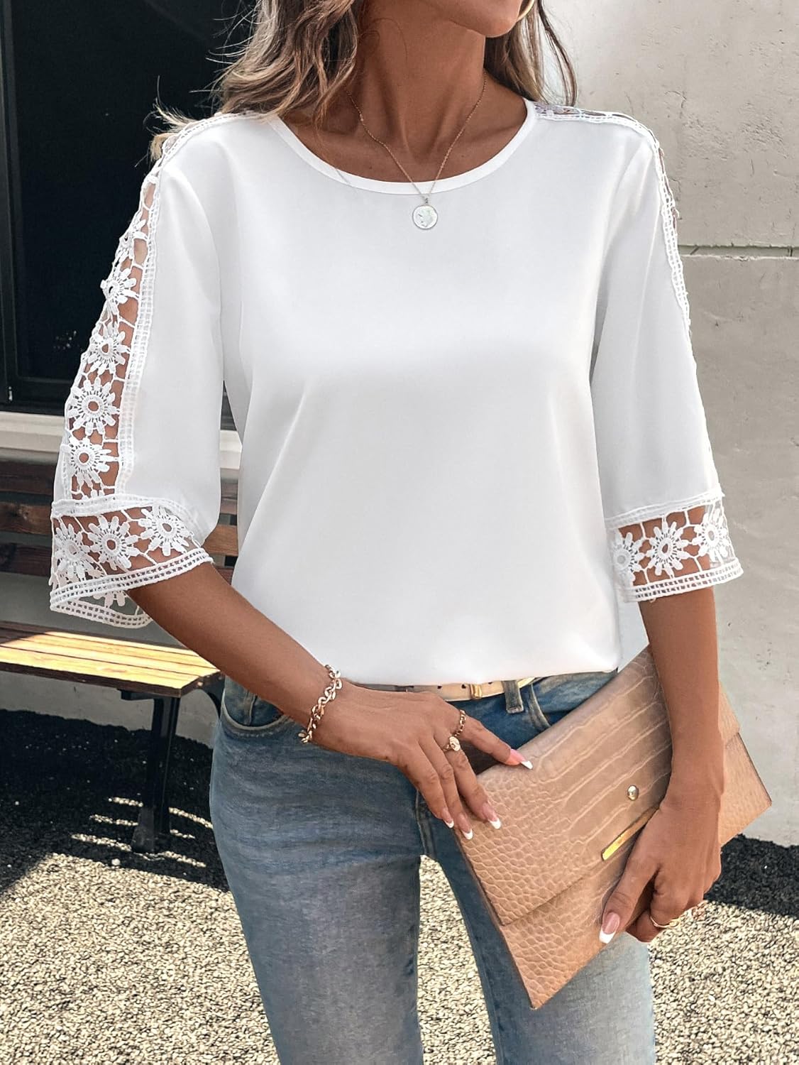 SweatyRocks Women's Crewneck 3/4 Length Sleeve Tops Floral Lace Splice Blouses Shirts - Image 6