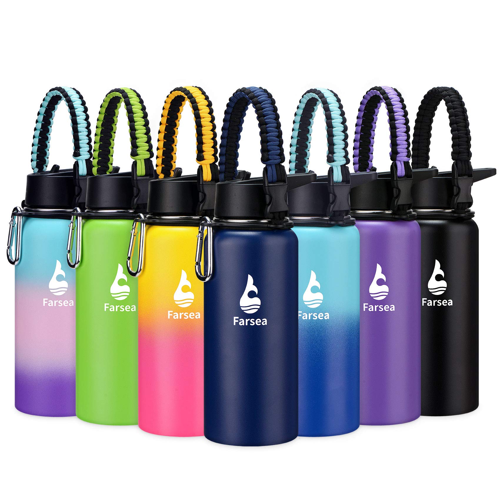 Farsea Insulated Water Bottle with Straw Lid & Spout Lid & Paracord Handle, Stainless Steel Water Bottle Wide Mouth, Double Wall Sweat-Proof BPA-Free, 32 oz, Blue