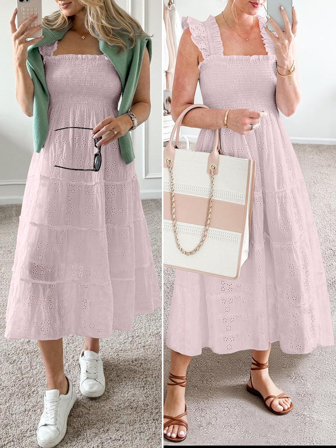 Caracilia Womens Summer Midi Dress Casual Square Neck Sleeveless Eyelet Smocked A Line Tiered 2026 Flowy Dresses with Pockets - Image 6