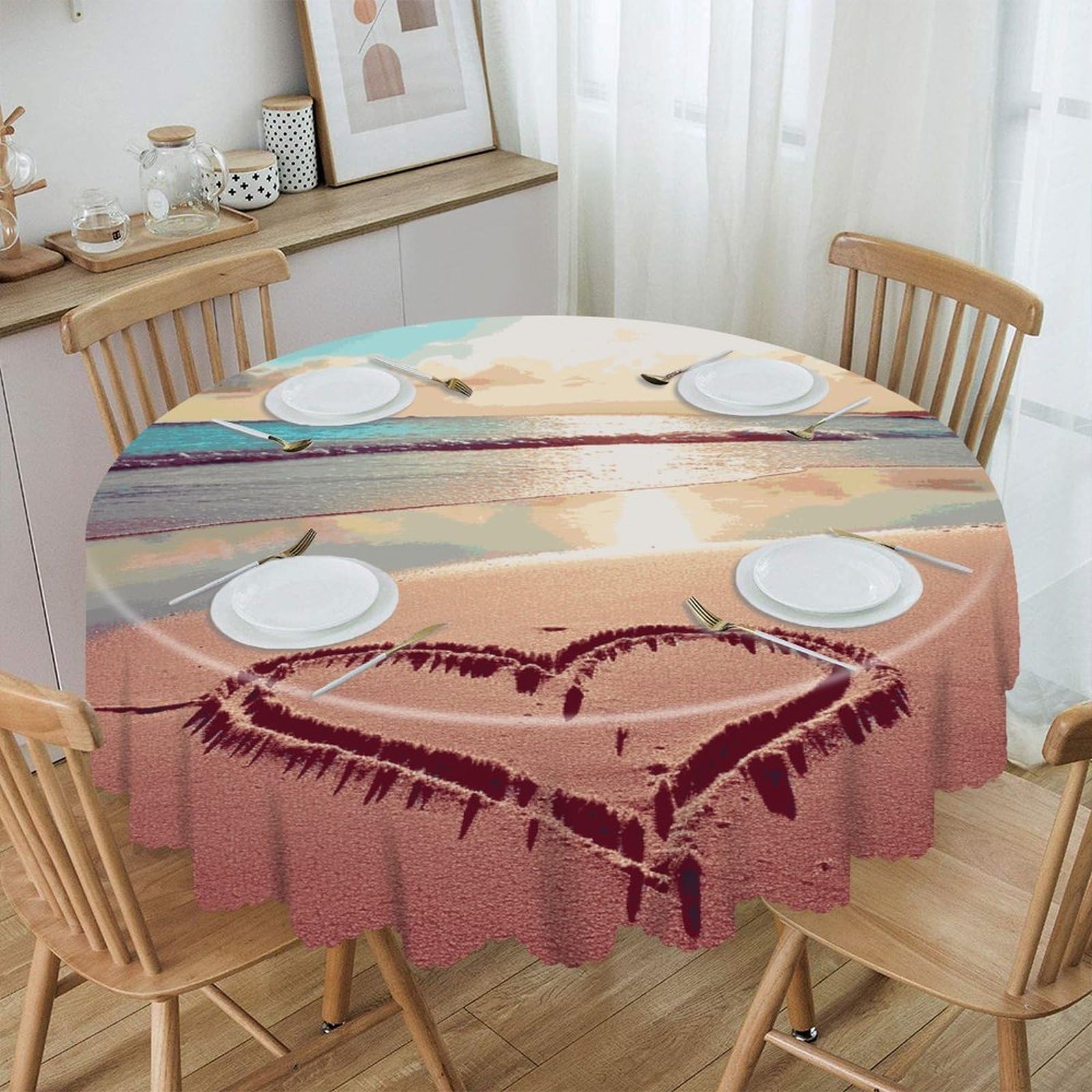 FekiLoot Love Beach Round Tablecloth Waterproof Spill-Proof Wipeable Table Cloth Wrinkle Free Circle Dining Table Cover for Dining Kitchen Wedding Parties Machine Washable