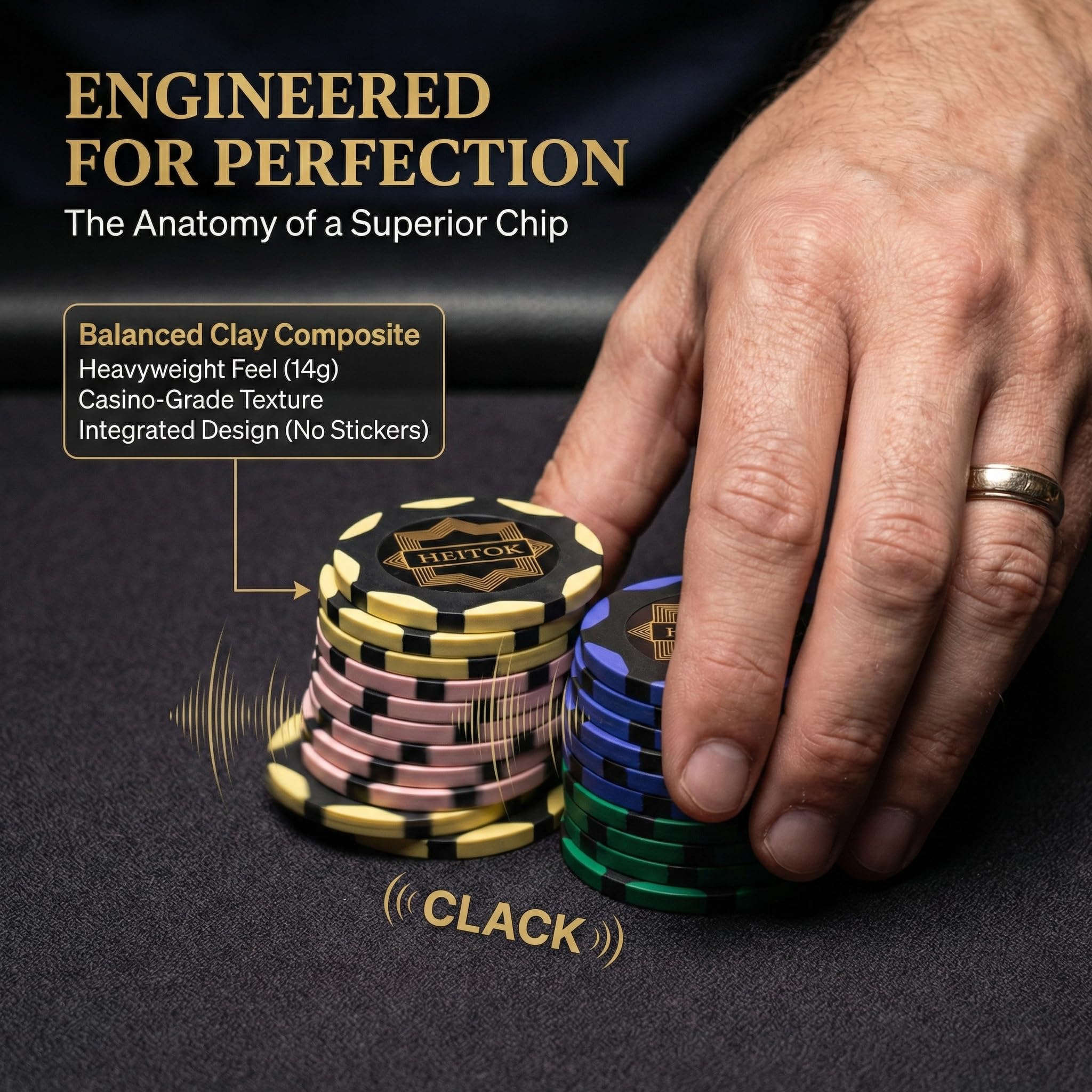 HEITOK Pokerchips-Set aus Ton 300 Stück – 14g Leere Chips mit Premium-Tragetasche für Texas Holdem - 4