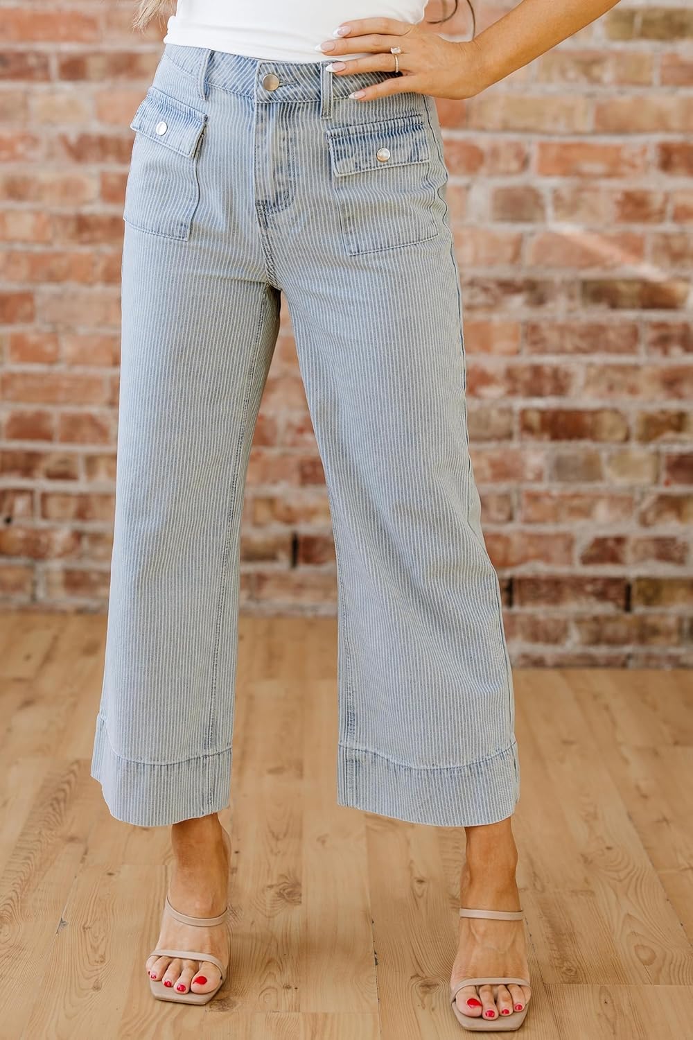 EARKOHA Women's Jeans Sky Blue Stripe Button Flap Pocket Cuffed Hem Wide Leg Jeans