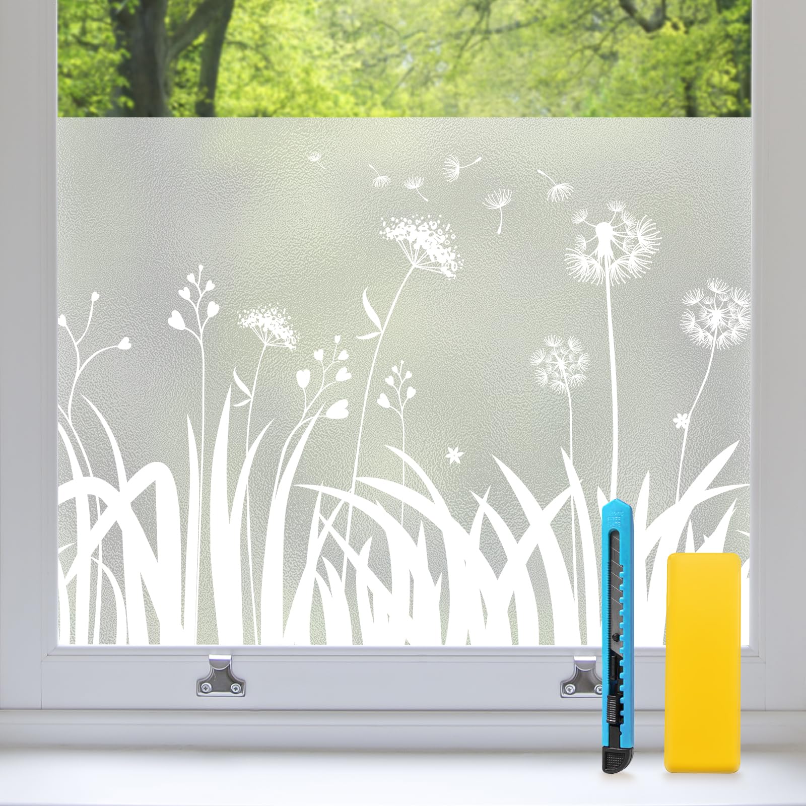 Zindoo Fensterfolie Blickdicht Löwenzahn Sichtschutzfolie Fenster Statische ohne Klebstoff Milchglasfolie Anti-UV Geeignet für Badezimmer, Büro Wohnzimmer, Umkleide 90 x 200 cm