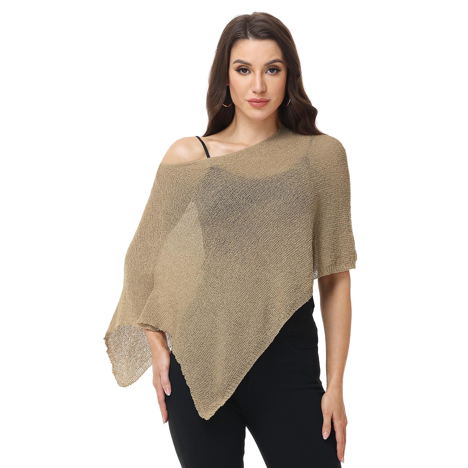 Ladiery Women's Brown Sheer Poncho Top Swimsuit Cover Up - Asymmetrical Shrug For Evening Dresses, Formal Beach & Resort Cape (Brown)