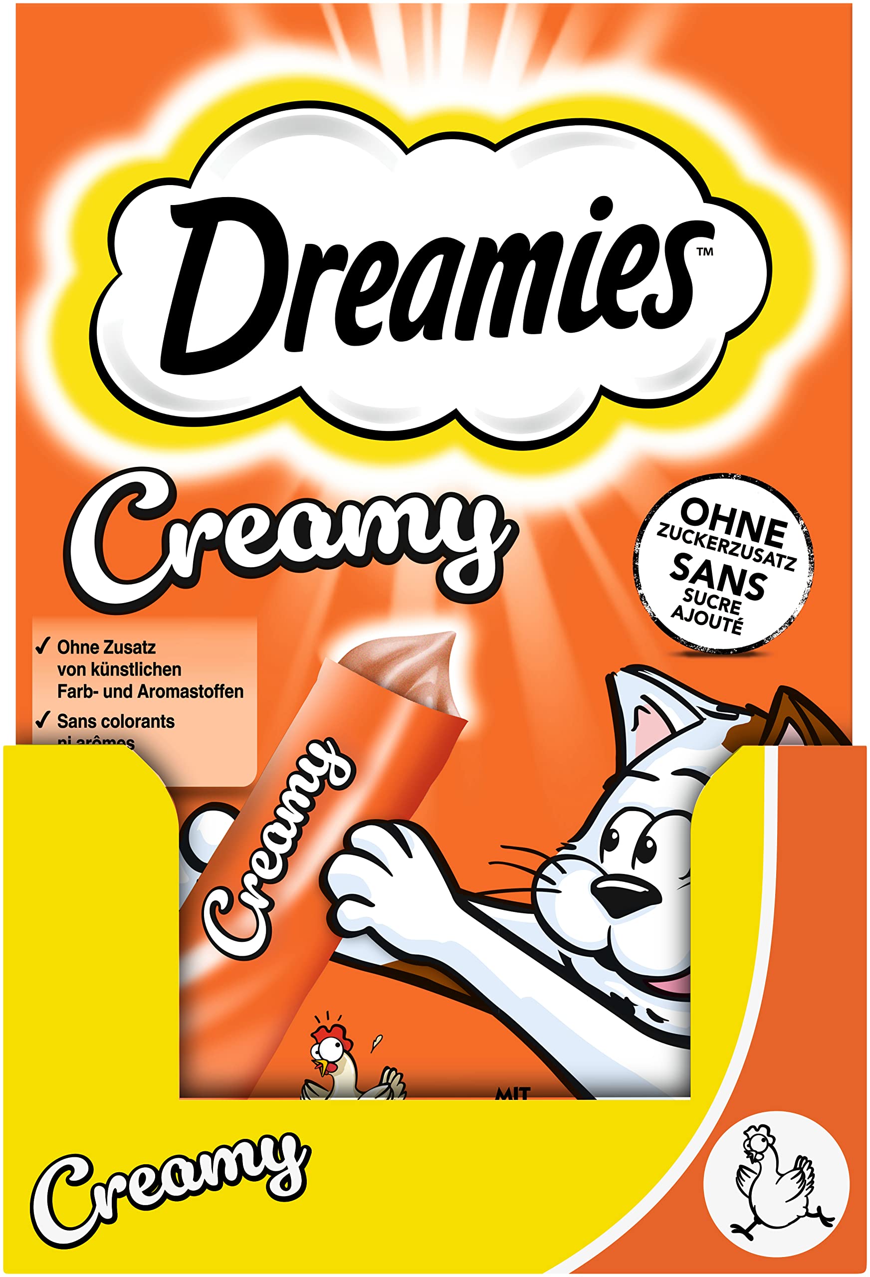 Dreamies Przysmaki dla kota Creamy przekąski z kurczakiem – pyszny kremowy smak – 44 saszetki (11 x 4 x 10 g)