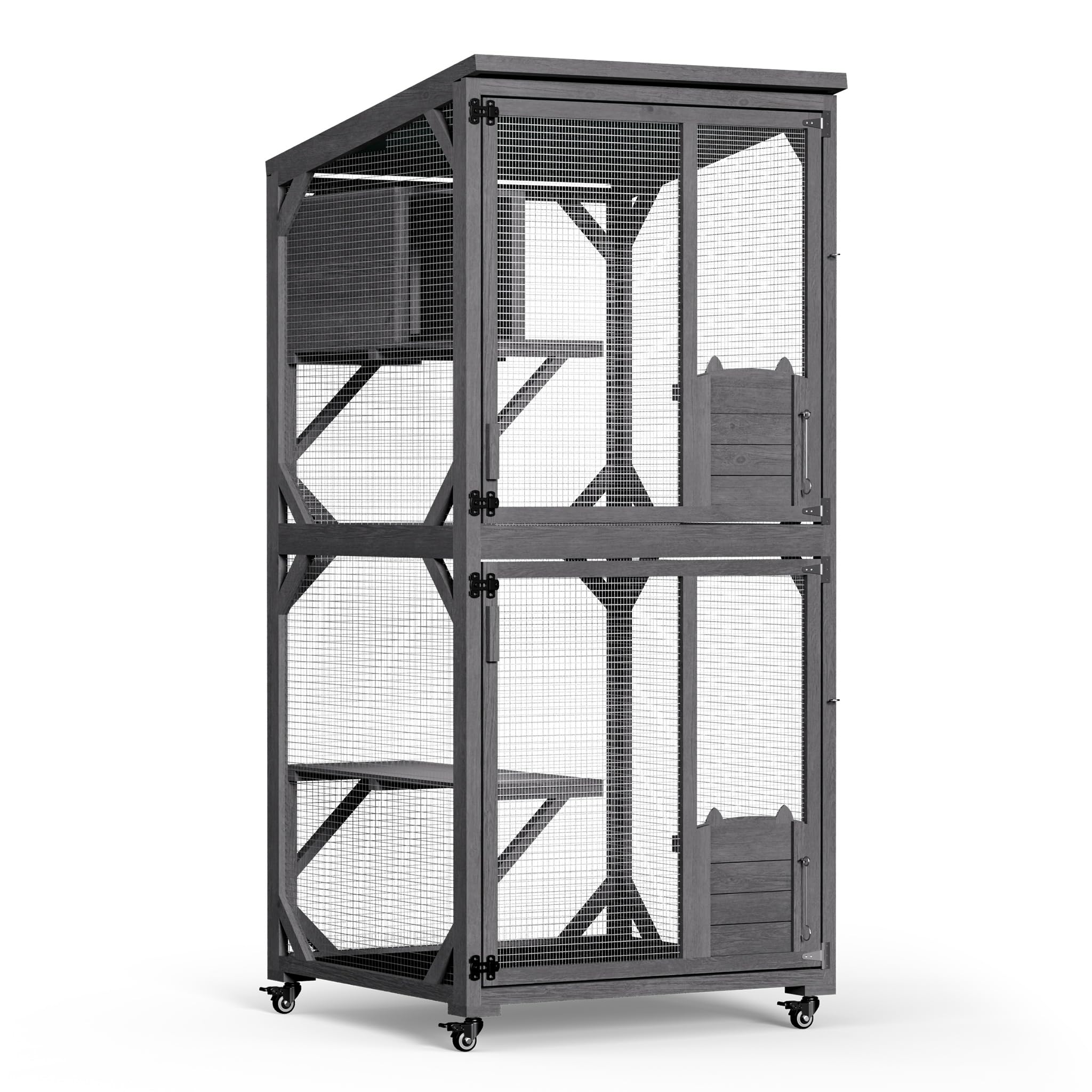 Wiltec Outdoor Cat Enclosure 74 x 78 x 180 cm, Cat Run Made of Durable Fir Wood and Galvanised Steel Wire, Spacious Cat Pen with Three Levels