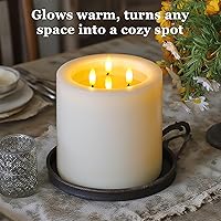 Vista 5 de Velas de pilar de cera real extra grandes de 3 mechas de 6 x 6 pulgadas sin llama con control remoto y función de temporizador, vela de grasa Marfil