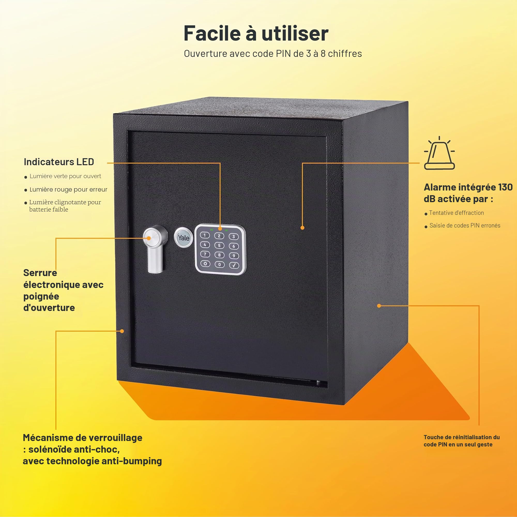 Yale Coffre-Fort Électronique à Alarme - Large 40L - Sirène 130 DB - Serrure 100 000 Combinaisons, verrou électronique Code 3 à 8 Chiffres - Dimensions 39x35x36cm YEC/390/DB2