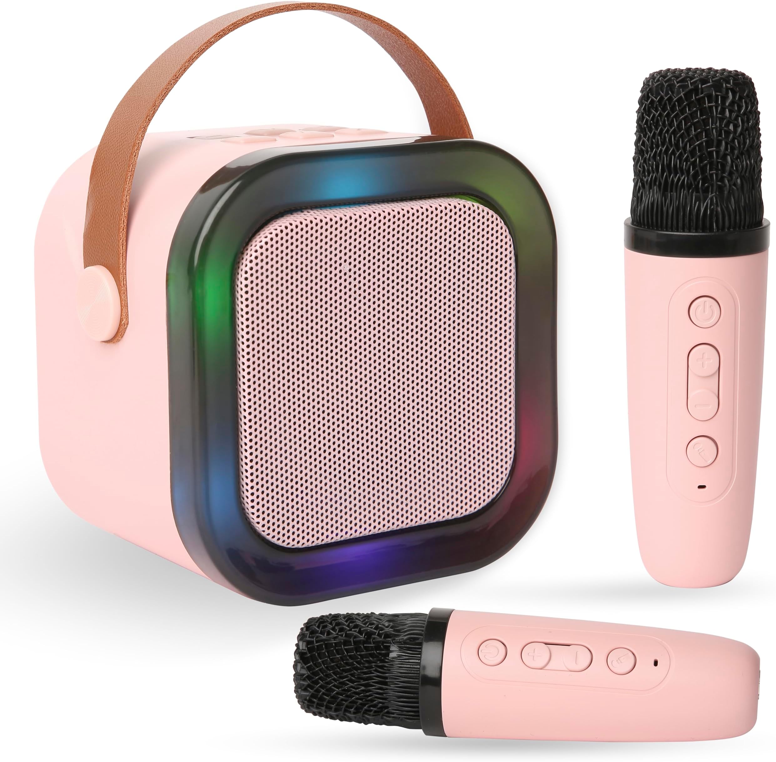 Juarez K12 Karaoke Speaker with 2 Wireless Microphones – Portable Bluetooth Party Speaker in Pink, LED Lights, Powerful Bass, Ideal for Singing, Kids Parties, Home Entertainment & Events