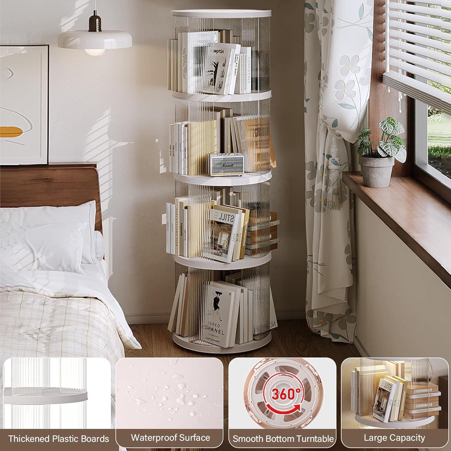 4 Tier Rotating Bookshelf, Small Corner Bookshelf for Small Space, 360 Display Floor Standing Bookcase, Plastic Narrow Book Organizer Shelf for Bedroom, Living Room, Round, White, Lazy Susan