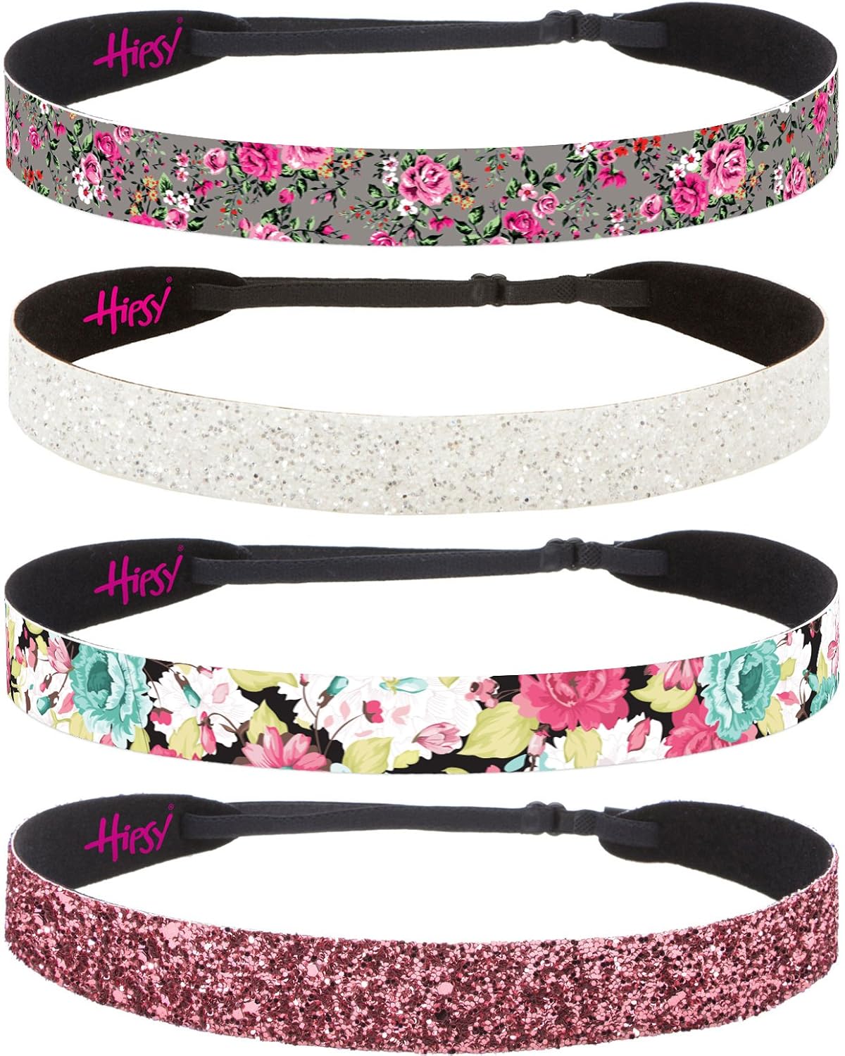 Hipsy Adjustable No Slip Bling Glitter & Fashion Printed Headbands for Women Multi 4-Pack (Pink Rose/Spring Floral/White/Grey Floral)