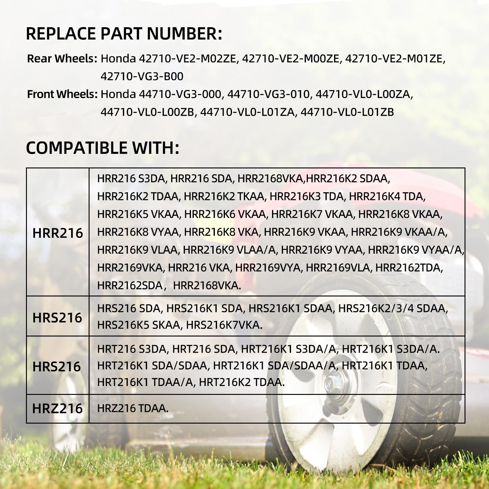 GICOOL Paquete de 4 ruedas HRR216 para cortacésped, 2 ruedas traseras 42710-VE2-M02ZE y 2 ruedas delanteras 44710-VL0-L02ZB para cortacésped Honda HRR216 HRS216 HRT216