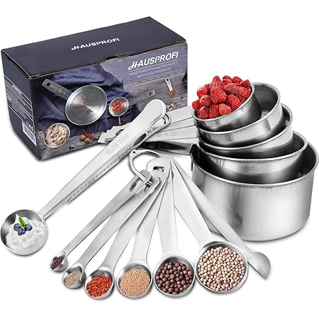 HAUSPROFI Measuring Cups and Spoons Set, 13 Pieces Premium Stainless Steel Measuring Spoons with Ruler Scoop/Clip for Baking, Liquid and Solid