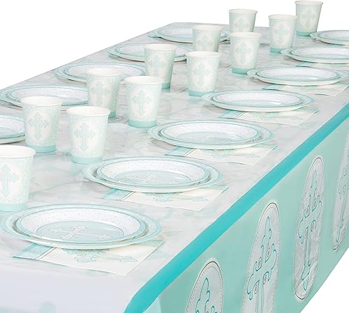 Miniatura 5 de ROYAL BLUEBONNET Mantel de bautismo azul  Juego de 2 decoraciones de fiesta de bautismo para niños, mantel de Pascua de plástico para mesa de 6 u 8