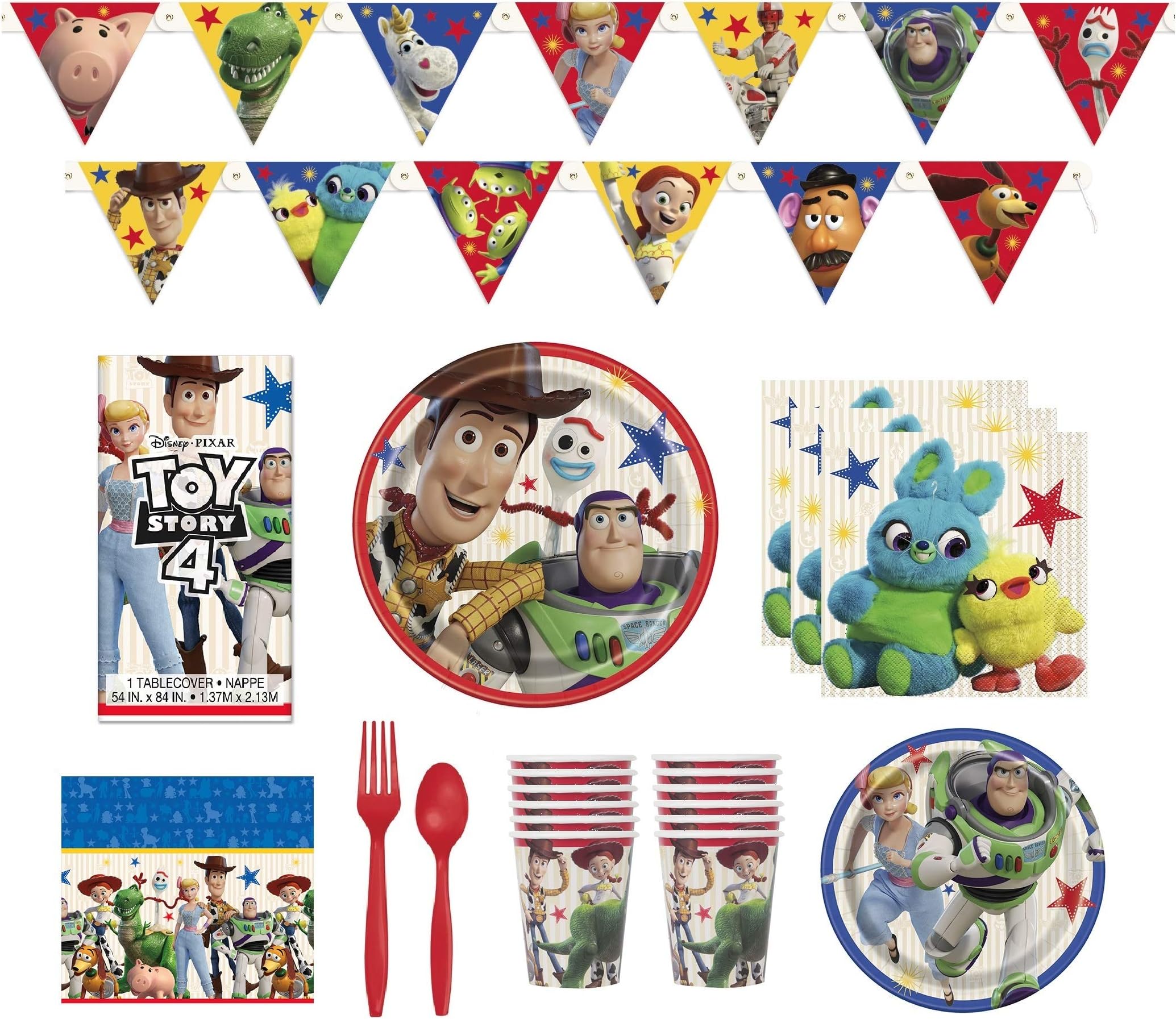 Toy Story 4 birthday Party Supplies Decorations paper Plates Napkins Cups Table Cover Banner Premium Plastic Cutlery for 16complete set