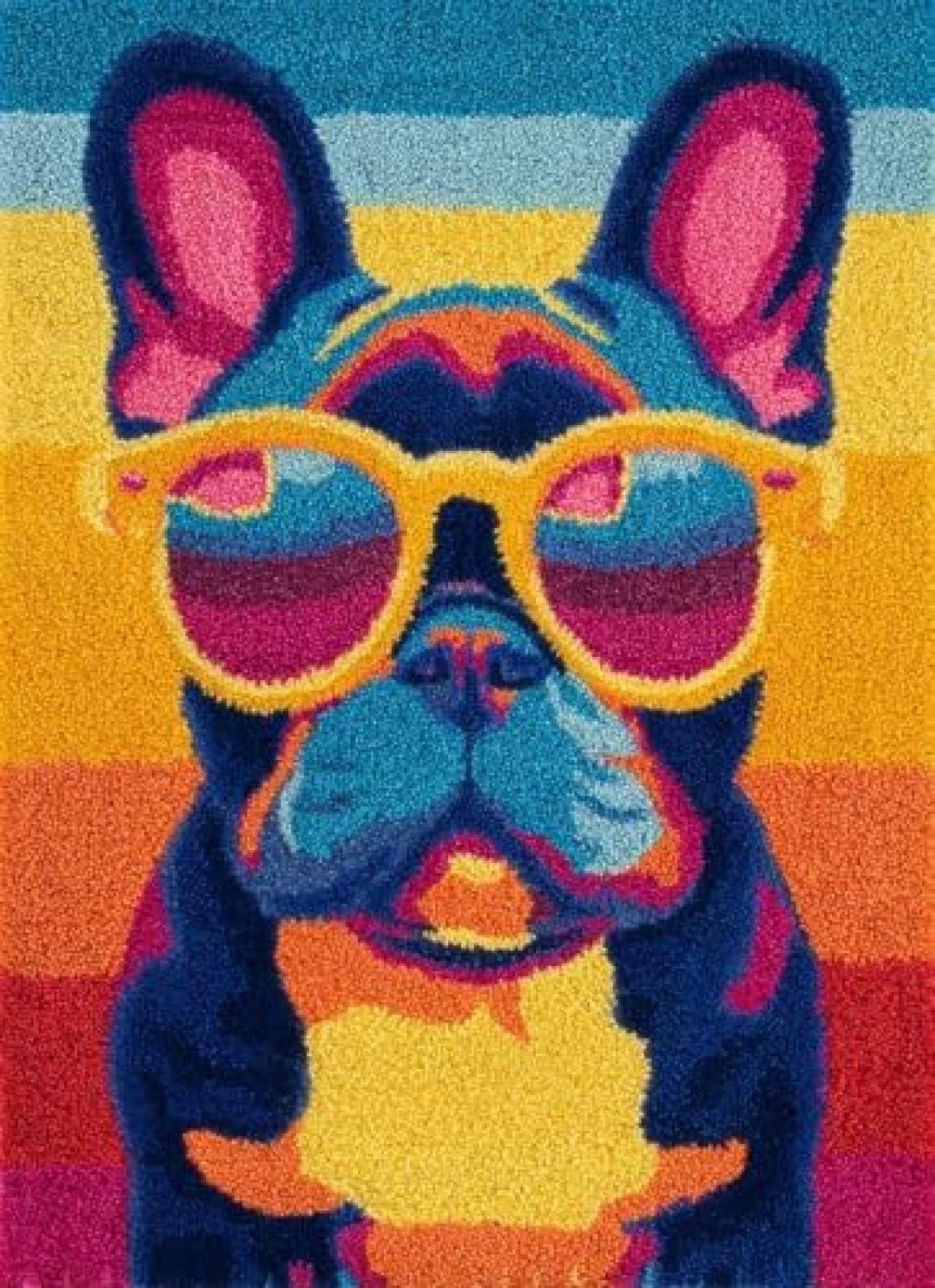 XDEGHUANGSS Latch Hook Rug Kit French Bulldog Puppy Wear Sunglasses Cushion Cover DIY Craft Set Pre-Printed Mat 38x52cm for Home Decor-2