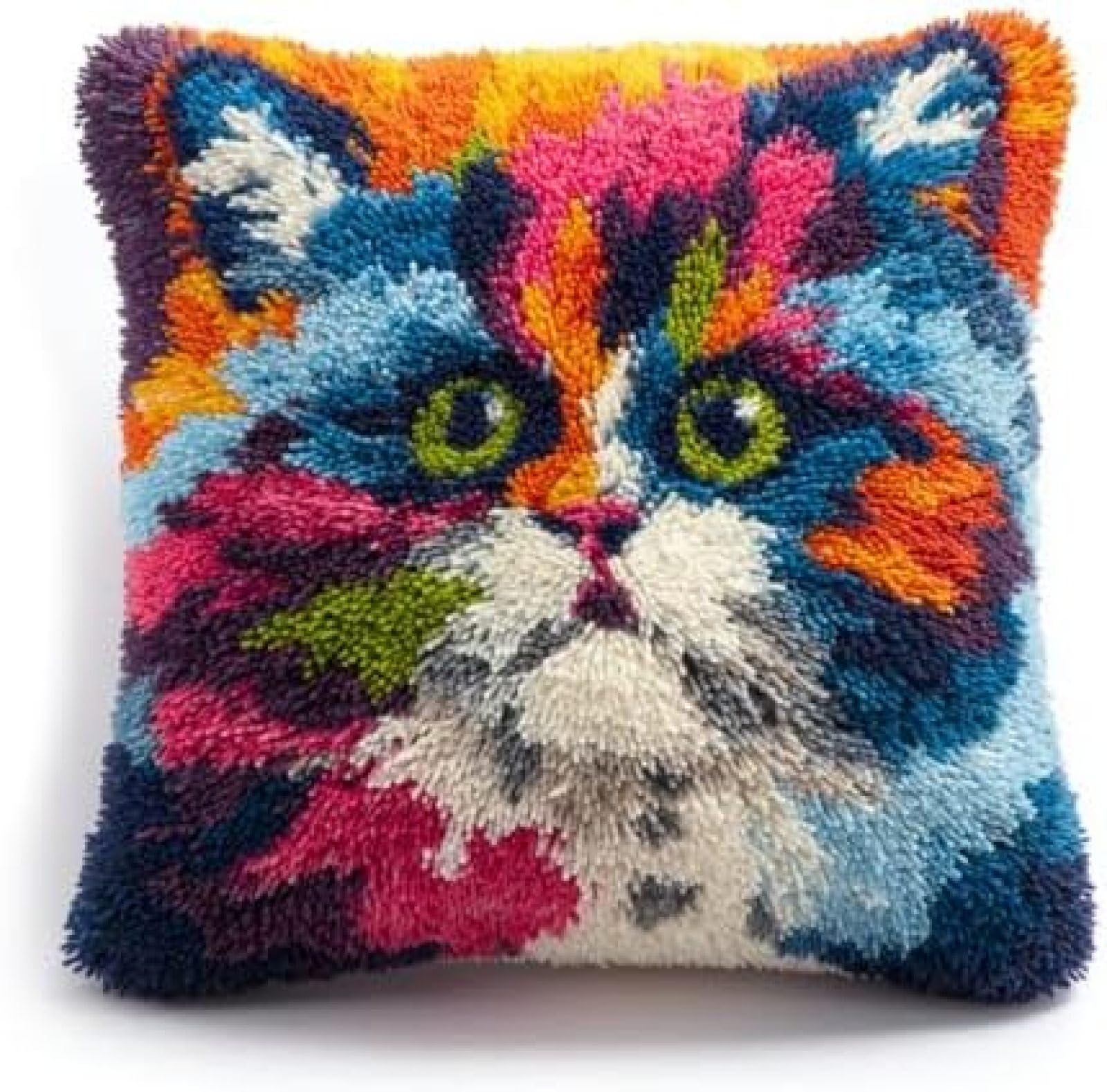 kitphoenix DIY Latch Hook Cushion Kit Persian Cat Catch Fish,Beginner-Friendly Rug Hooking Pillow Kit,Crochet Craft Cushion Cover for Home Decor,43x43 cm-4