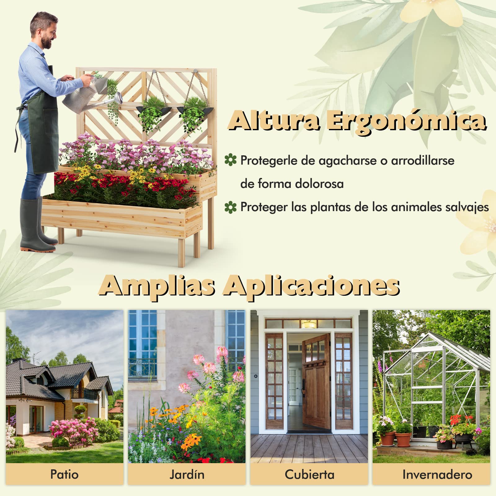 COSTWAY Cama Elevada de Jardín de 2 Niveles con Enrejado, Caja de Cultivo Elevada de Madera con Patas, Agujero de Drenaje, Maceta Interior y Exterior para Jardín, Patio y Balcón (Natural)