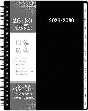 2026-2030 Monthly Planner/Calendar - Jul. 2026 - Dec. 2030, Monthly Planner, 5 Year, 6.2" x 8.3", Multi Year Calendar 2026-2030 with Twin-Wire Binding, Tabs, Storage Pocket - Black