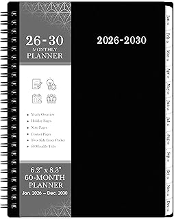 2026-2030 Monthly Planner/Calendar - Jan. 2026 - Dec. 2030, Monthly Planner, 5 Year, 6.2" x 8.3", Multi Year Calendar 2026-2030 with Twin-Wire Binding, Tabs, Storage Pocket - Black