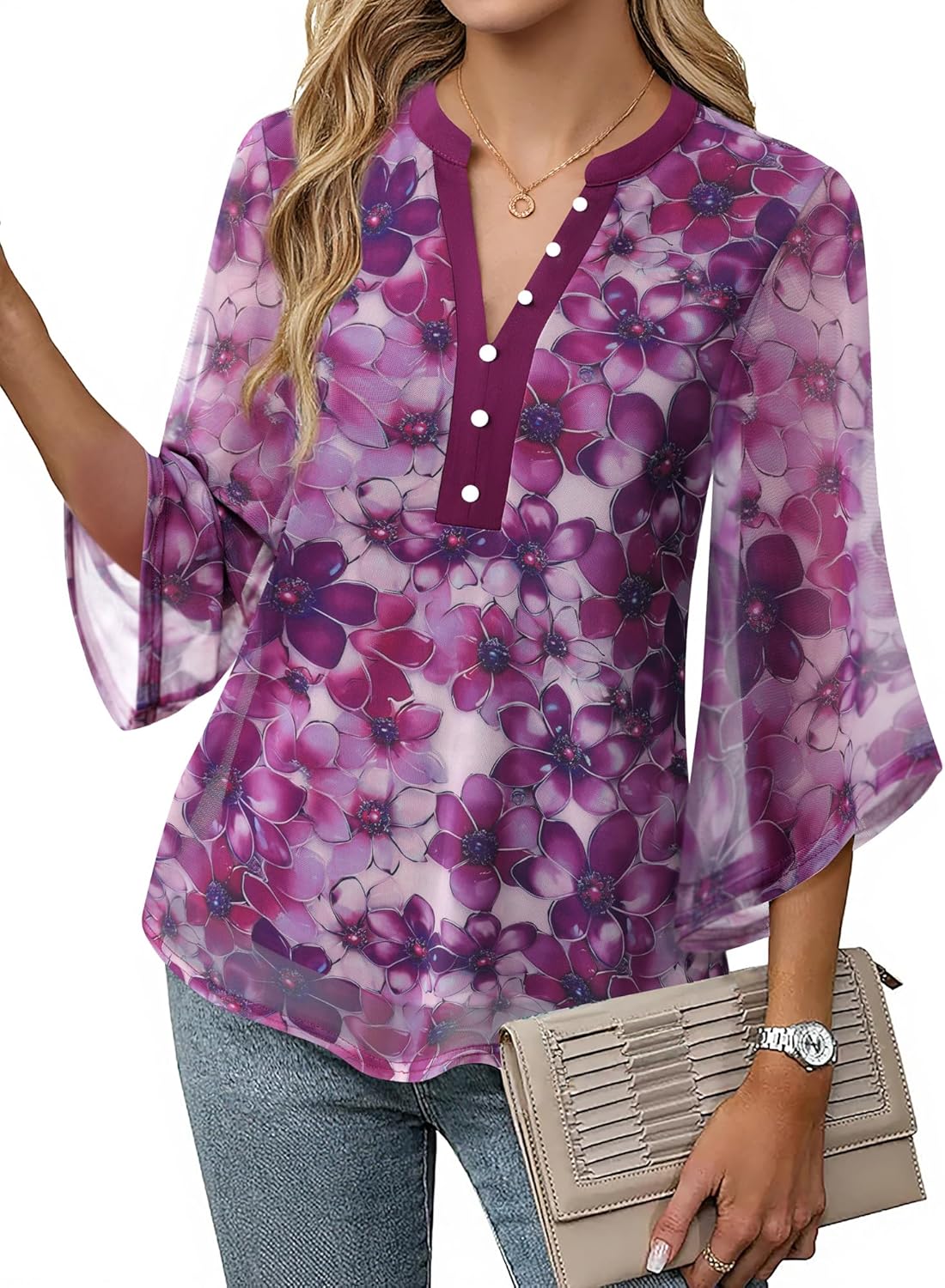 VALOLIA Womens Tops 3/4 Sleeve Sparkly Blouses Dressy Casual Elegant Flowy Double Layers Mesh Shirts - Image 4