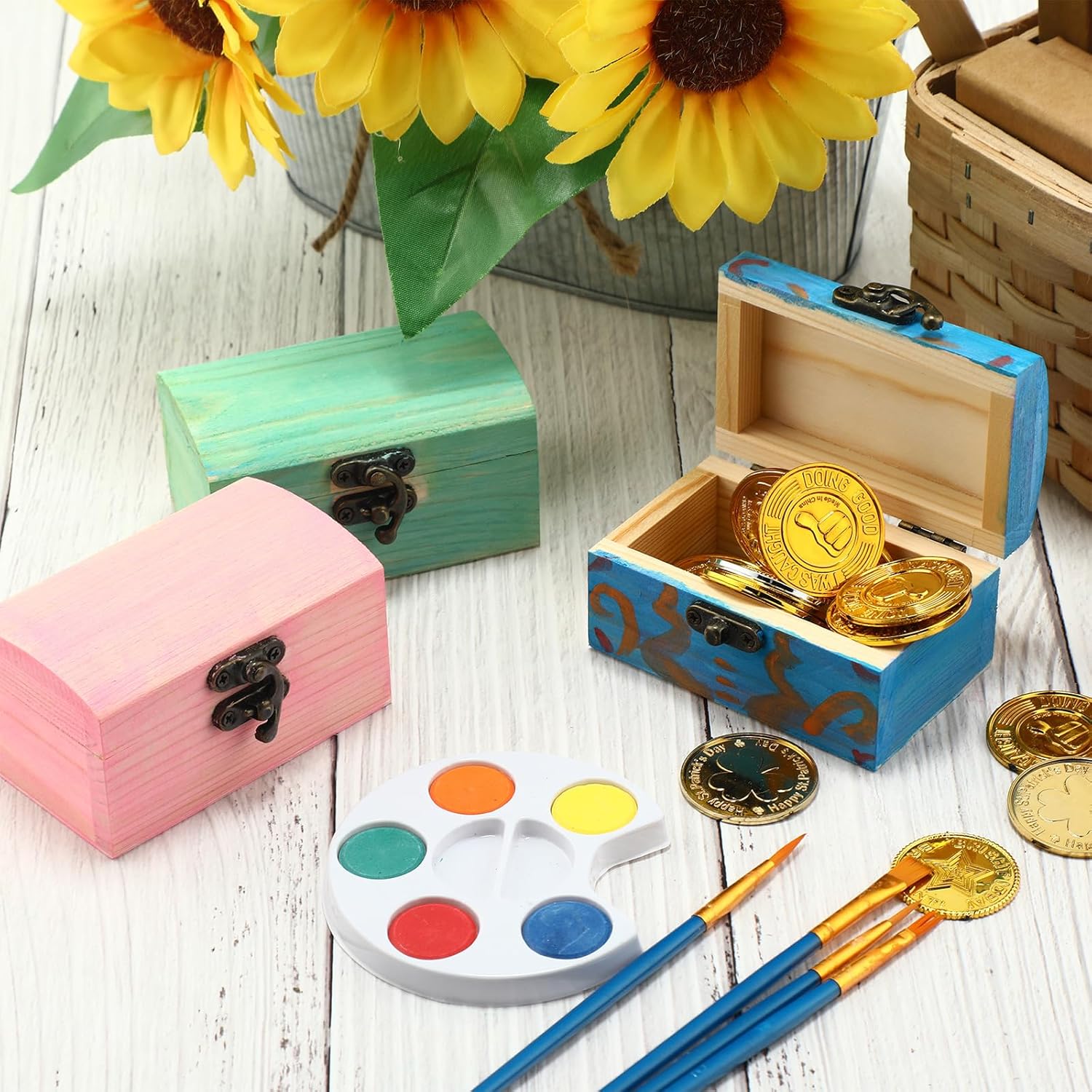 Chumia 24 Pack Unfinished Wooden Craft Boxes with 10 Paintbrushes Small Wooden Boxes Treasure Chest with Locking for DIY Pirate Decor, 3.5x2.2x2 Inch