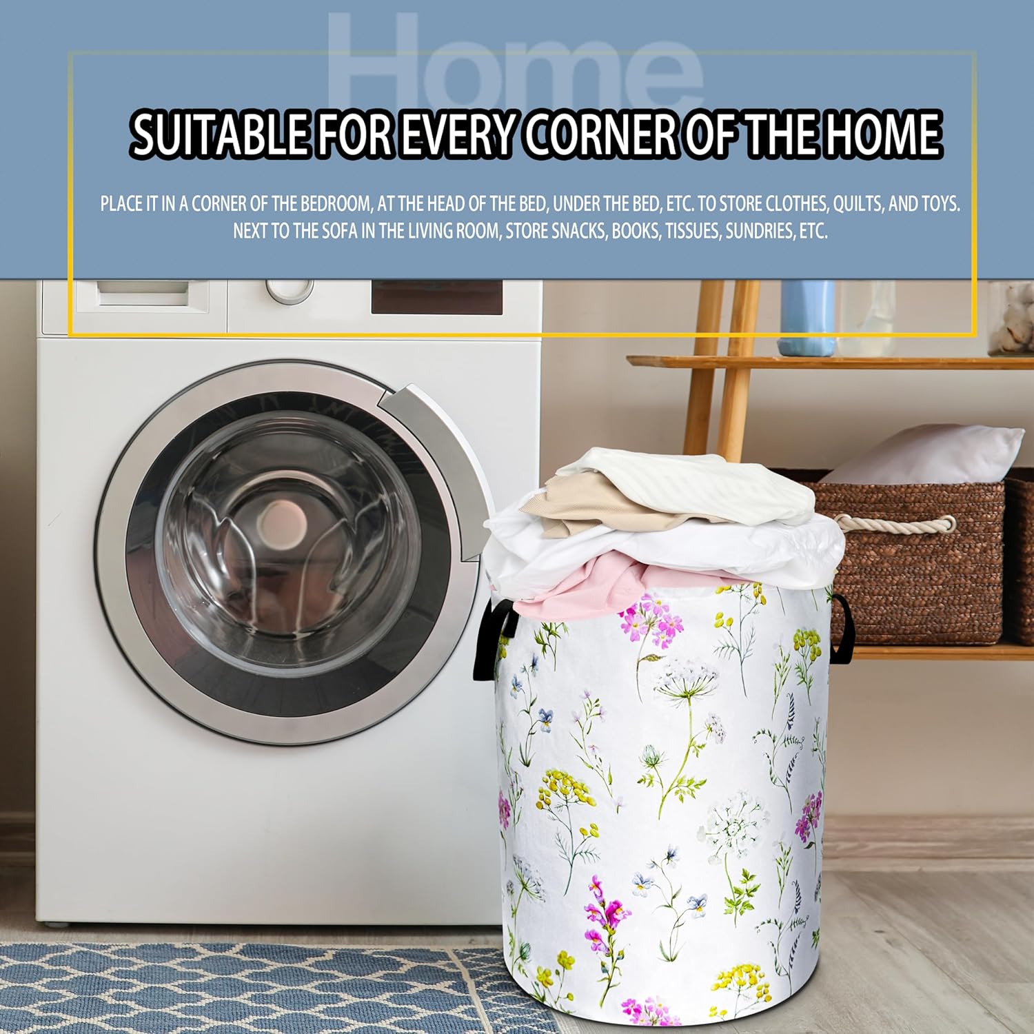 Colorful Flowers Laundry Basket Floral Foldable Oxford Cloth Funny Tote Bag Laundry Hamper Clothes Storage Bucket Toy Organizer For Bathroom/Laundry Storage/Bedroom 18.9x16.5 In Gift