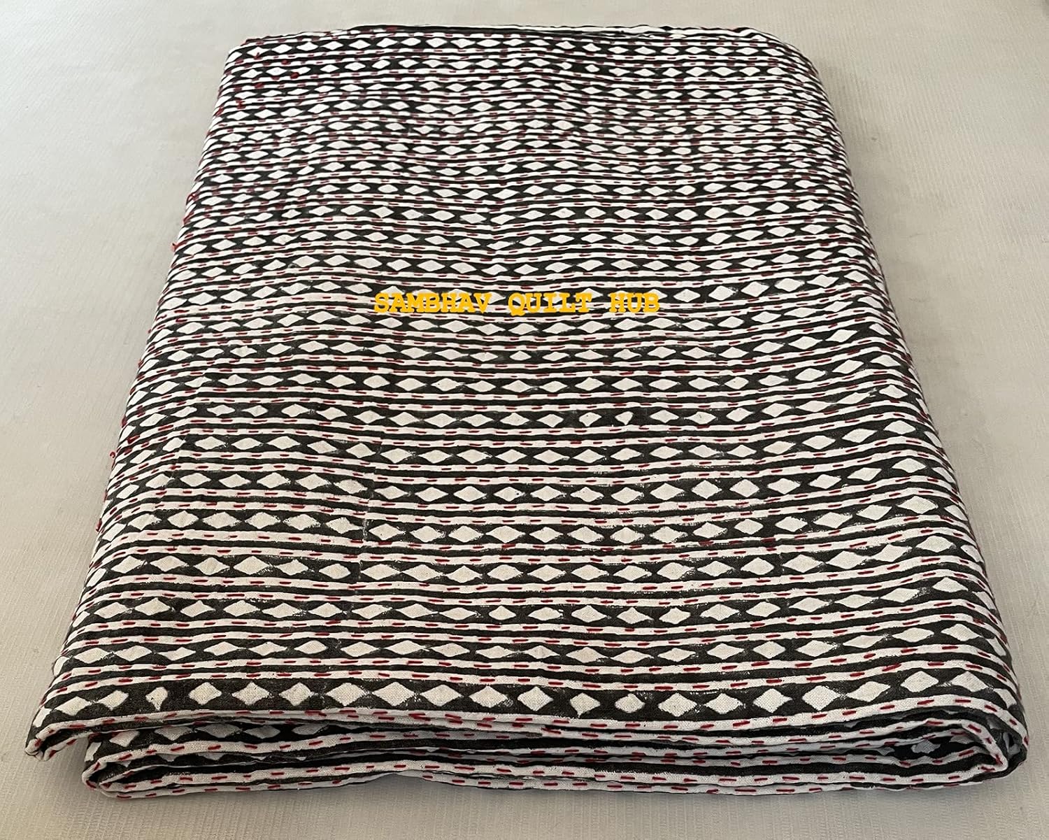 Indian Handmade Hand Block Diamond Kantha Quilt Vintage Reversible Quilted Throw Blanket Soft and Warm Living Room Decorative for Sofa Cover King/Queen Size (Black, 60X90 Inches)