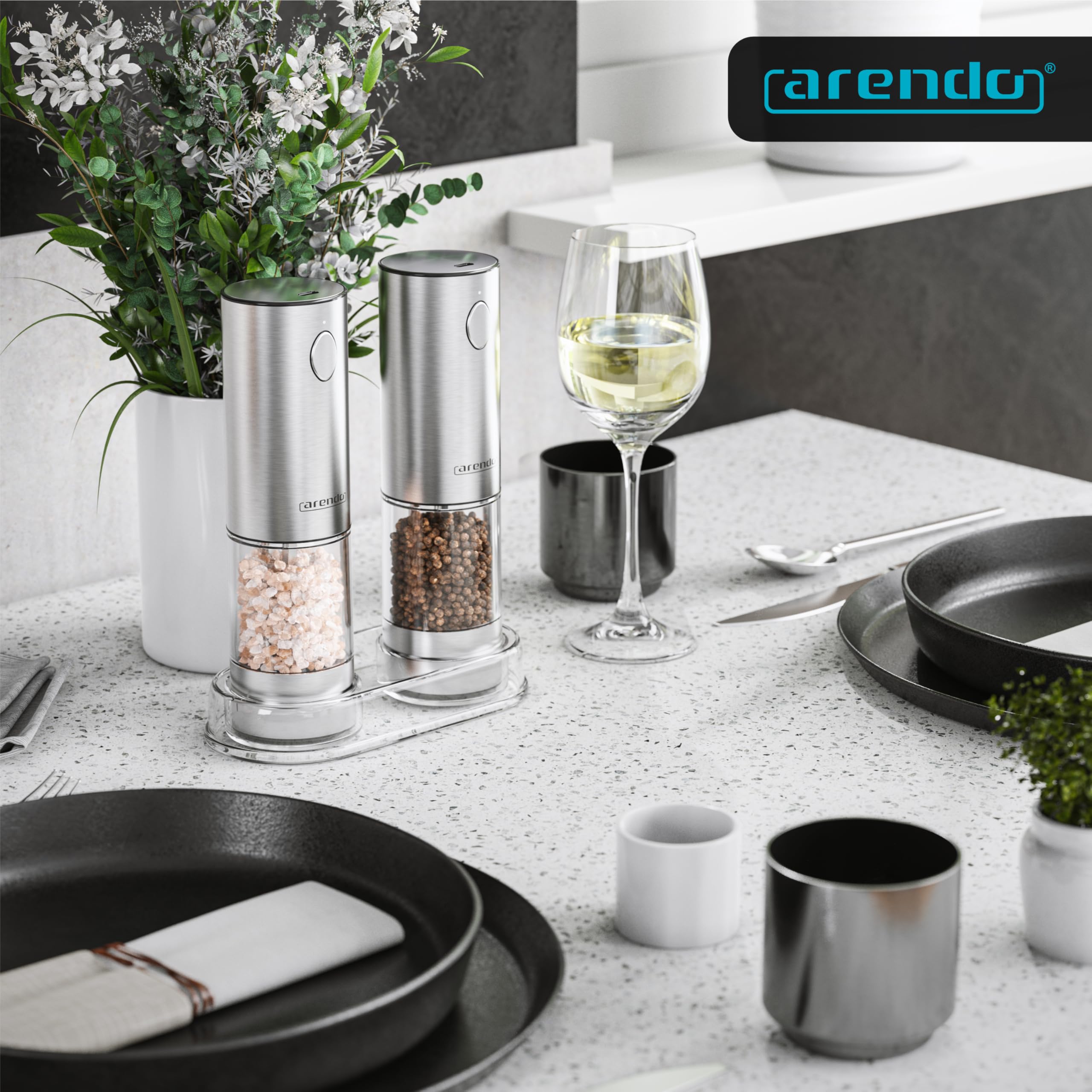 Arendo - Salz und Pfeffermühlen Elektrische 2er Set - mit USB Wiederaufladbarer - Verbesserte große Kapazität - Gewürzmühle elektrisch - Einstellbare Grobheit - LED-Licht