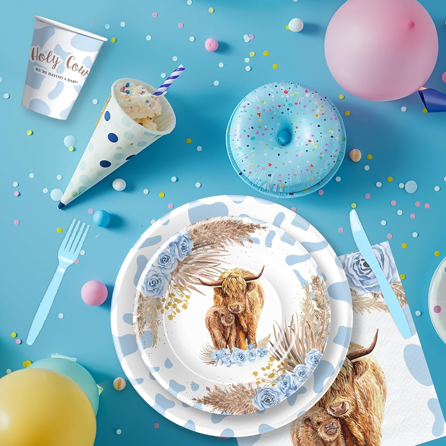 APOWBLS Highland Cow Baby Shower Decorations Tableware - Blue Boho Highland Holy Cow Baby Boy Party Supplies, Paper Plate, Cup, Napkin, Disposable Fork | Serves 24