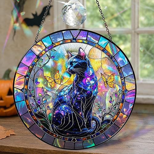 Vista 14 de 2 bonitos atrapasoles de decoración de Halloween, espeluznantes lindos fantasmas colgantes de ventana, fantasma con gato negro, adornos de calabaza