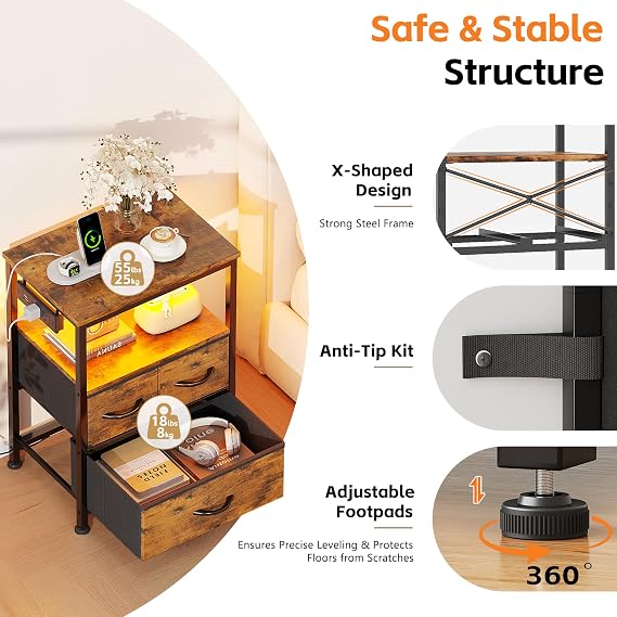 Bedside Table with Charging Station, 3 Drawers Fabric Chest of Drawers for Bedroom, LED Night Stand with Storage Shelf, End Table with 2 AC Outlets & USB Ports for Bedroom, Brown