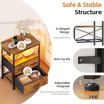 Bedside Table with Charging Station, 3 Drawers Fabric Chest of Drawers for Bedroom, LED Night Stand with Storage Shelf, End Table with 2 AC Outlets & USB Ports for Bedroom, Brown