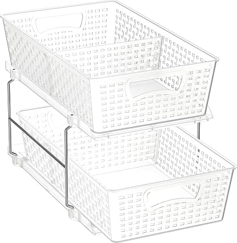 Simple Houseware Bandeja organizadora de baño de 2 niveles, cajón deslizante extraíblealmacenamiento debajo del fregadero, transparente