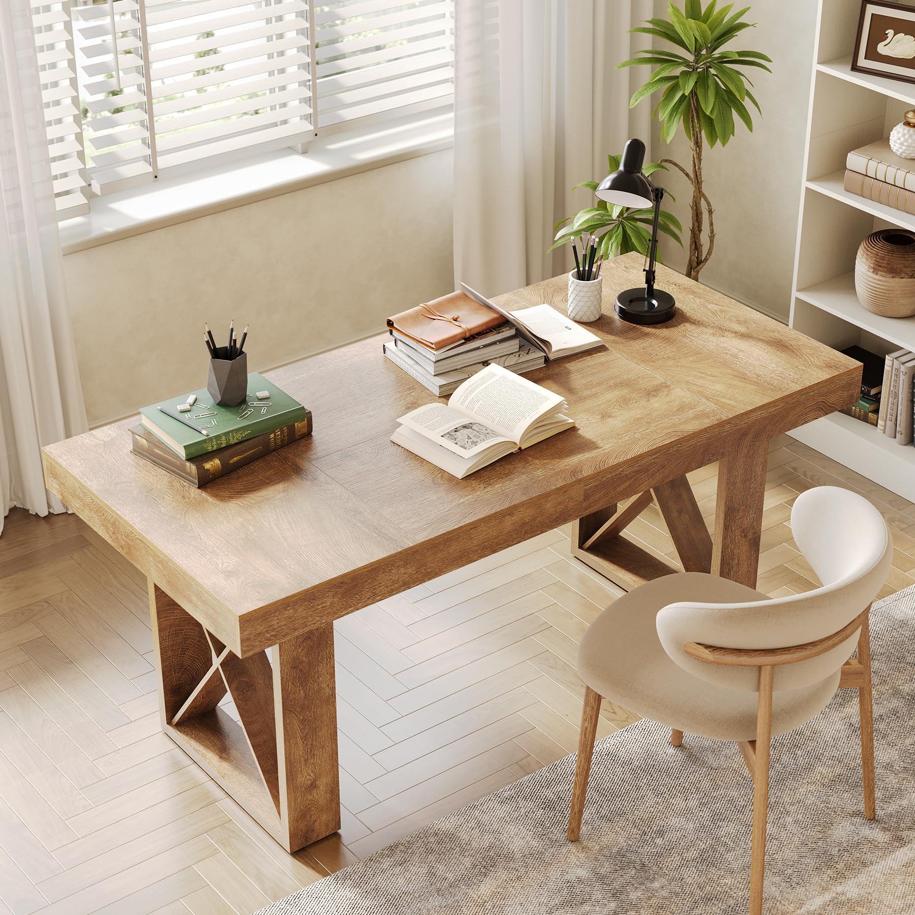 Tribesigns Bureau D'ordinateur, 160 × 80 × 75 cm, Design Épais et Simple, Bureau Gaming, Table d’étude pour la Maison - Étude, Jeu, Rédaction, Brun Jaunâtre