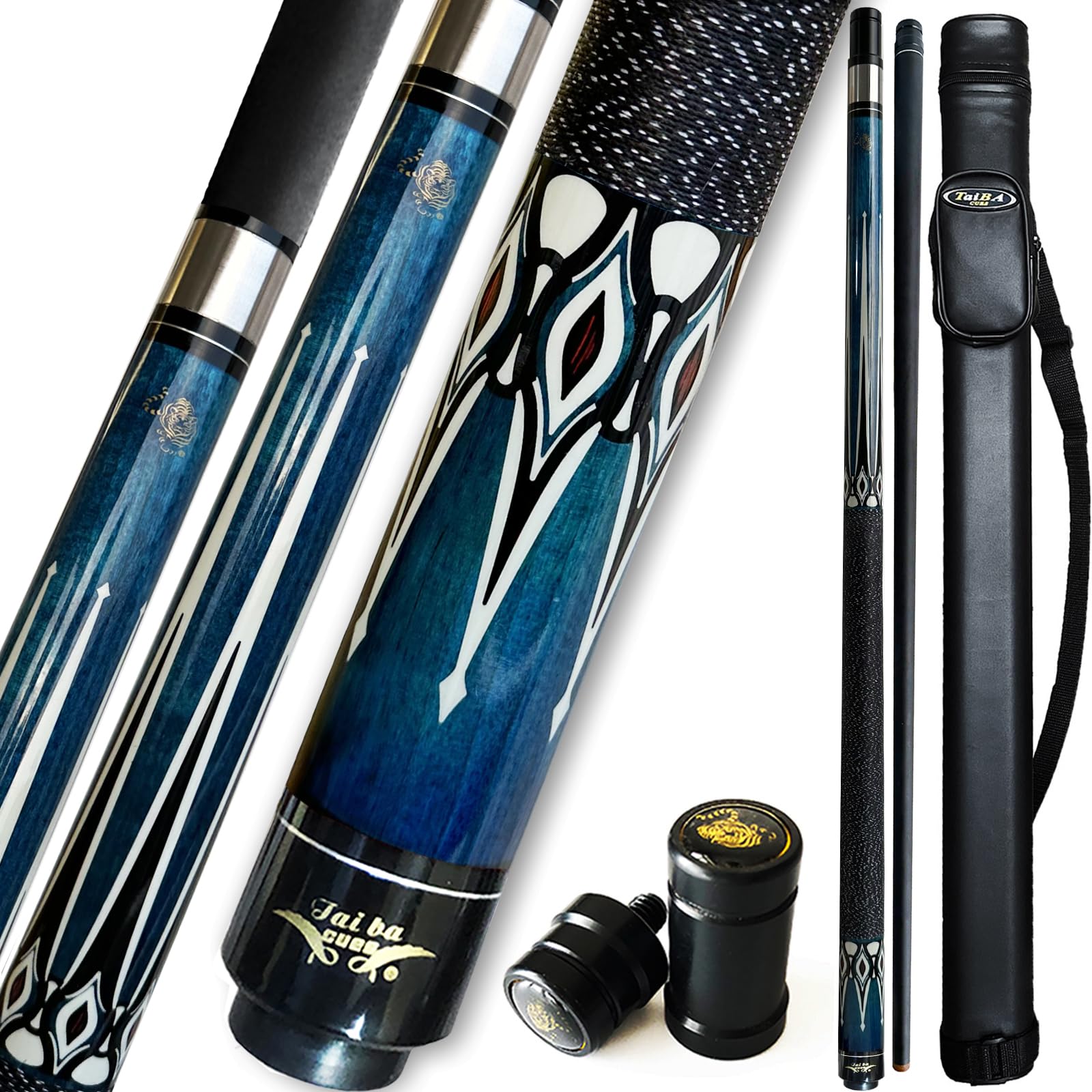 TaiBA Bastone da biliardo in 2 pezzi + custodia rigida, punta da 13 mm, 147,3 cm, in legno di acero canadese professionale, 540-595 g (selezionabile) - blu, nero, rosso, grigio, verde, marrone
