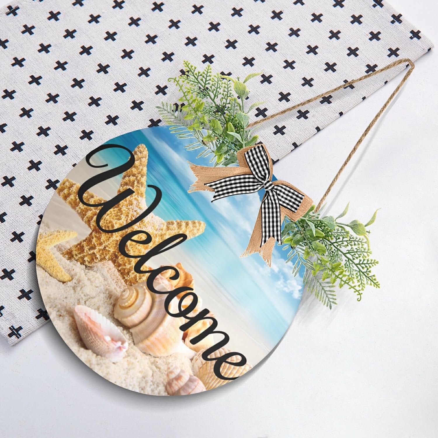 MNSRUU Wreath Door Sign Welcome Starfish and Seashells On The Beach Door Decorations Hanging Outdoor Front Porch Door Round Wreath Decor for Christmas Halloween