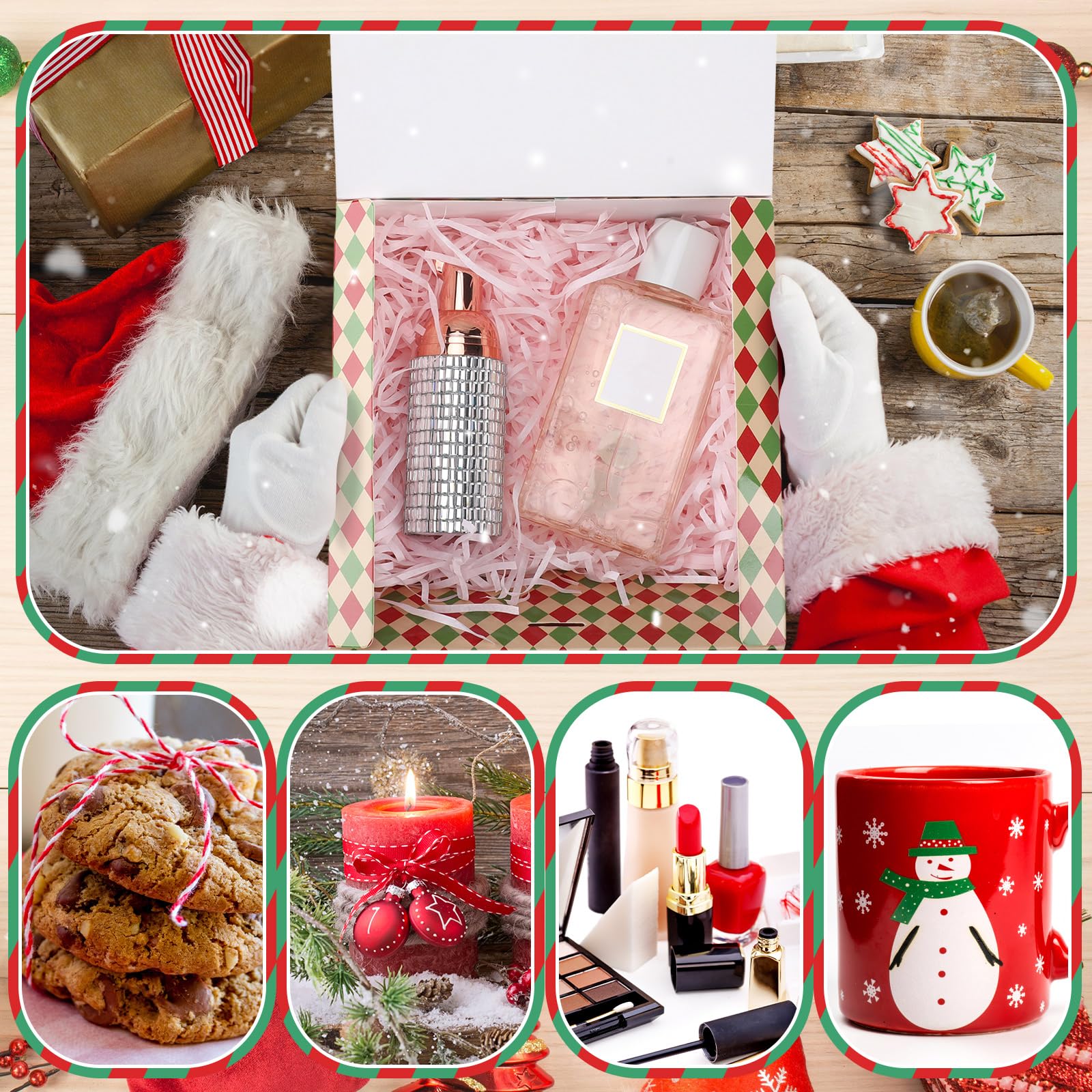 Cholemy Lot de 24 boîtes cadeaux de Noël avec couvercles, 17 x 17 x 7 cm, boîtes à friandises de Noël avec ruban rustique pour cadeaux, cupcakes au chocolat (style adorable)