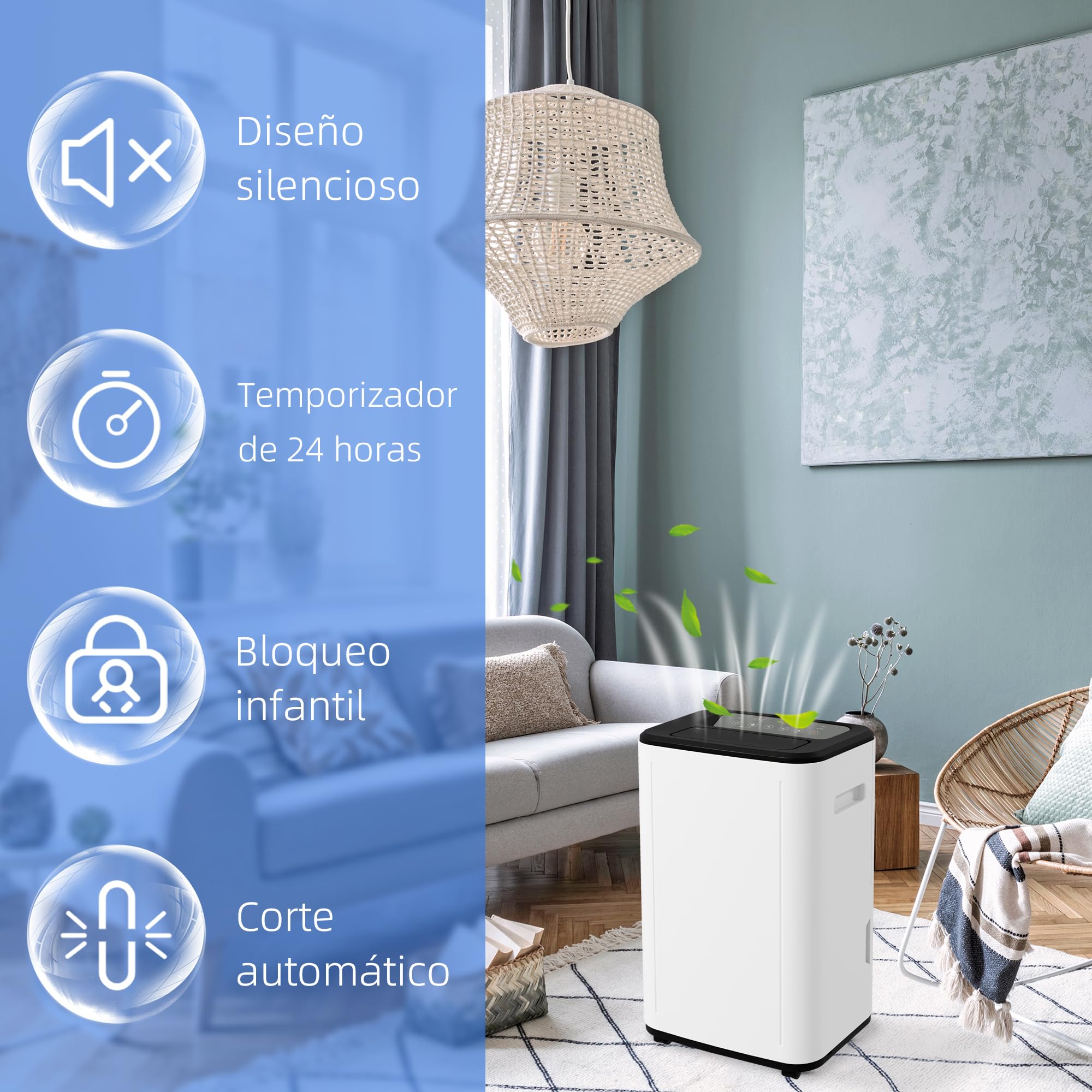 HOMCOM Deshumidificador Eléctrico 20L/Días Depósito de Agua 6L Blanco | Deshumidificador Silencioso, 3 Modos, 2 Velocidades, Ruedas, Pantalla LED, Temporizador, para 20-40 m²