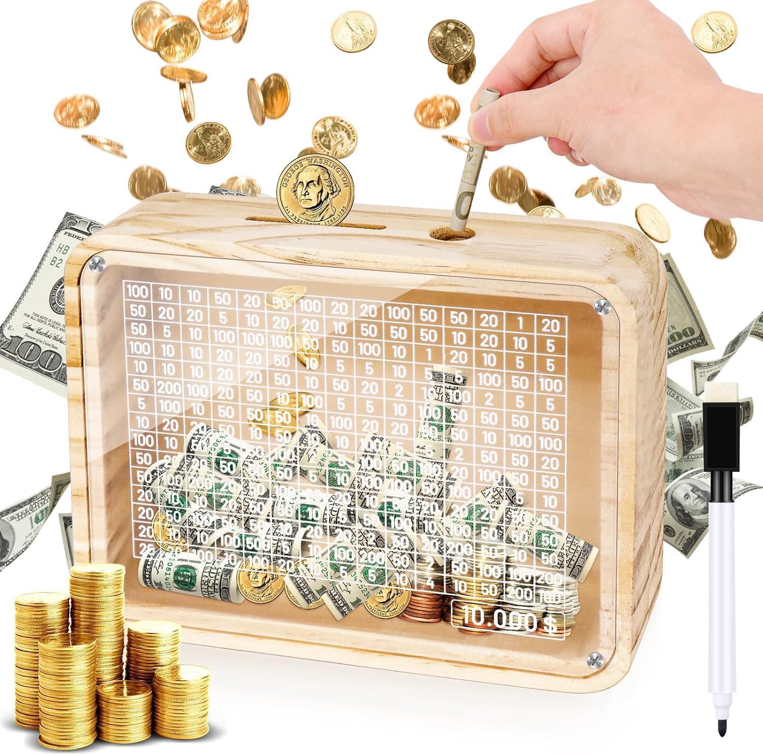 Homgaty Wooden Money Box Money Bank, Clear Countdown Money Saving Box with 10000 Dollars Target, Money Box with Money Target and Numbers to Check for Adults Kids Boys Girls
