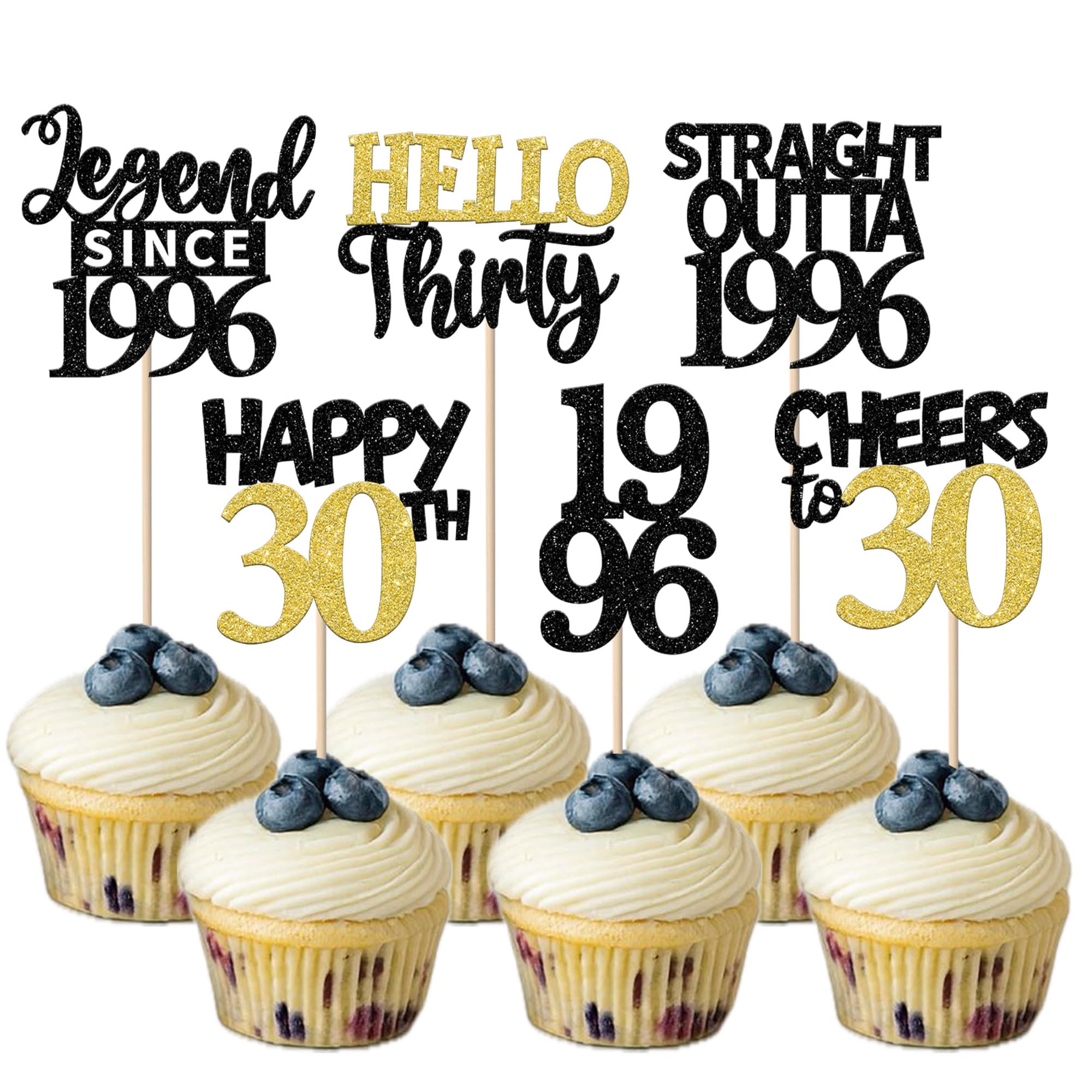 Xsstarmi 24 Pcs 30th Birthday Cupcake toppers Black Gold Glitter Hello thirty Legend Since 1996 Cake Picks for Cheers to 30 years old Birthday Party Decorations Supplies