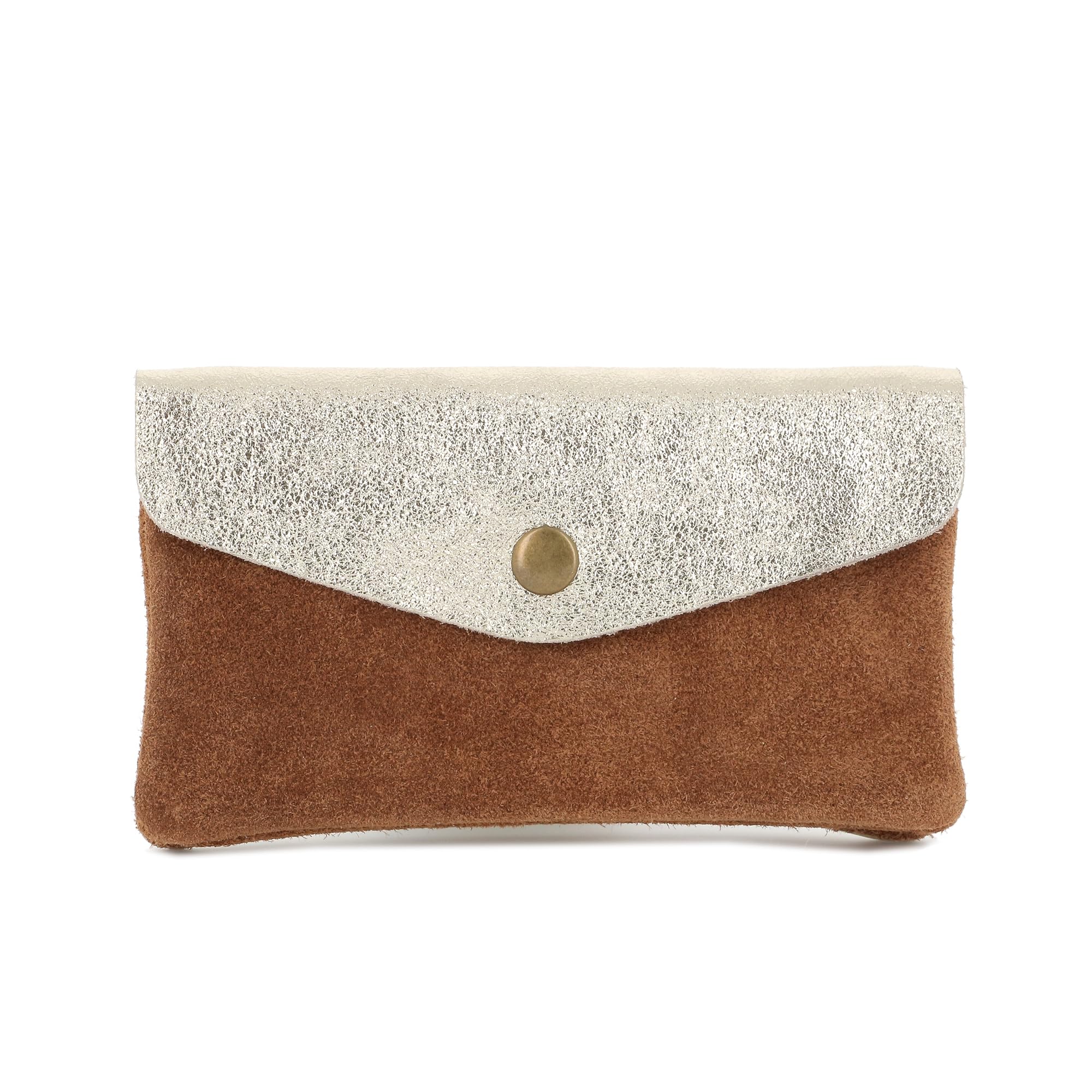 Double Tree - Porte-Monnaie Cartes Cuir Véritable Suède Irisé Femme - Portefeuille Pochette Rangement À Rabat - Format Mi-Long Taill M - Léger Pratique - Camel