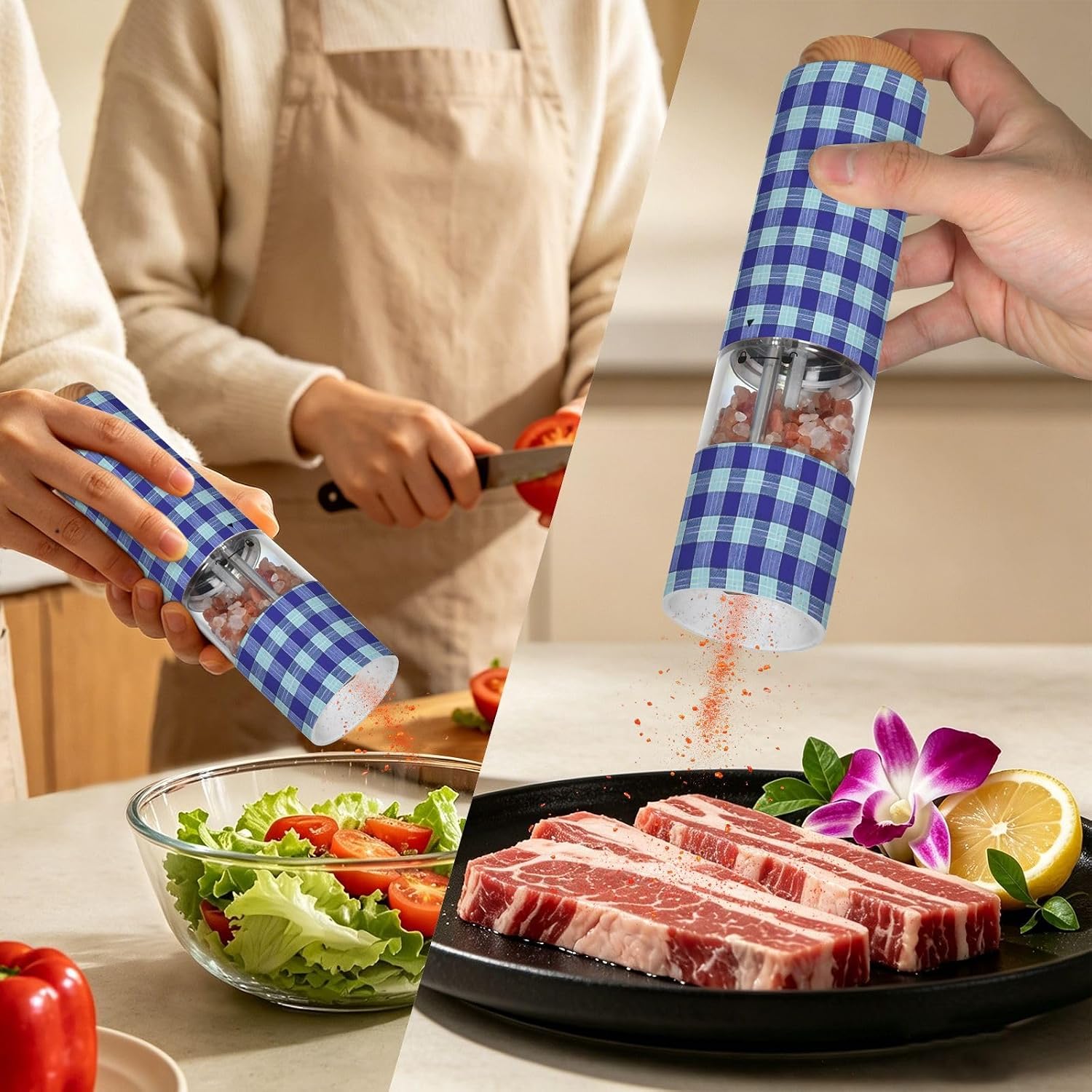 ALAZA Electric Pepper Grinder with Adjustable Coarseness, Light Dark Blue Plaid Pattern Battery Automatic Salt and Pepper Mill with Led, One-Handed Operation Spice Grinder for Kitchen, Camping & BBQ