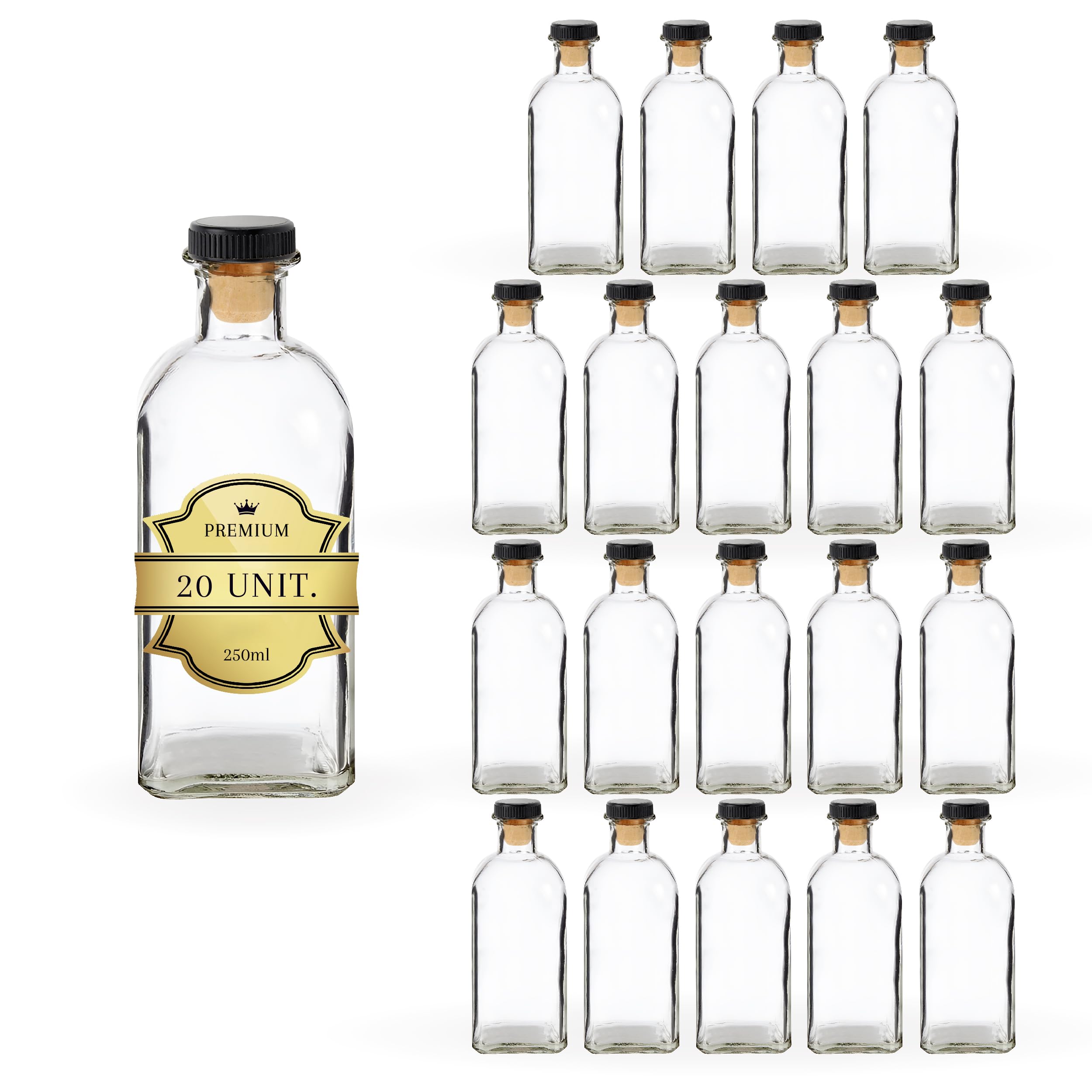 20 bottiglie di vetro da 250 ml con tappo incapsulato nero | bevande alcoliche: Rum, Whiskey, Liquori | Eleganza in vetro per souvenir, cocktail