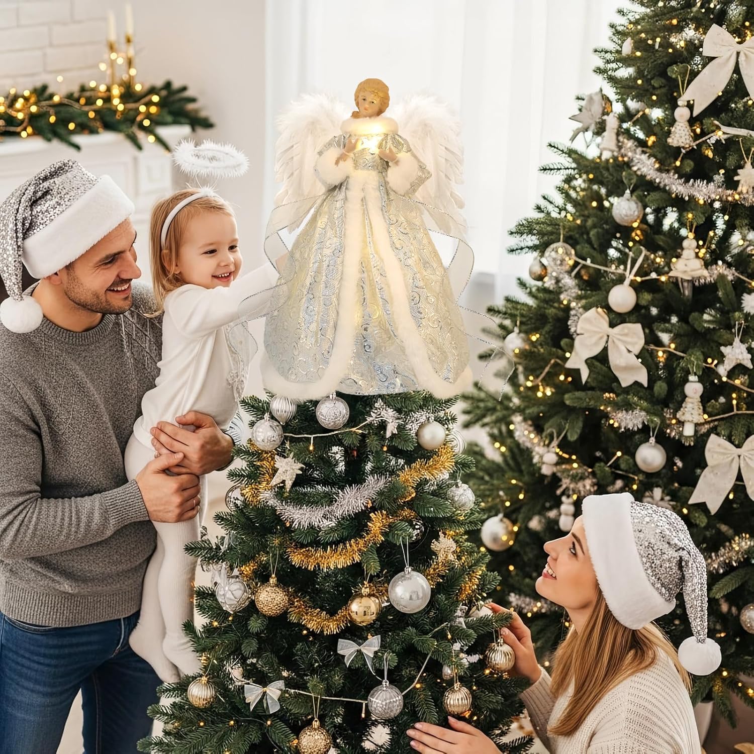 HOHOTIME 14'' Angel Tree Topper with White Feather Wings and Silver Skirt, Christmas Tree Topper with LED Light for Xmas Tree Top Decor Holiday New Year Home Ornament Decorations - Image 2