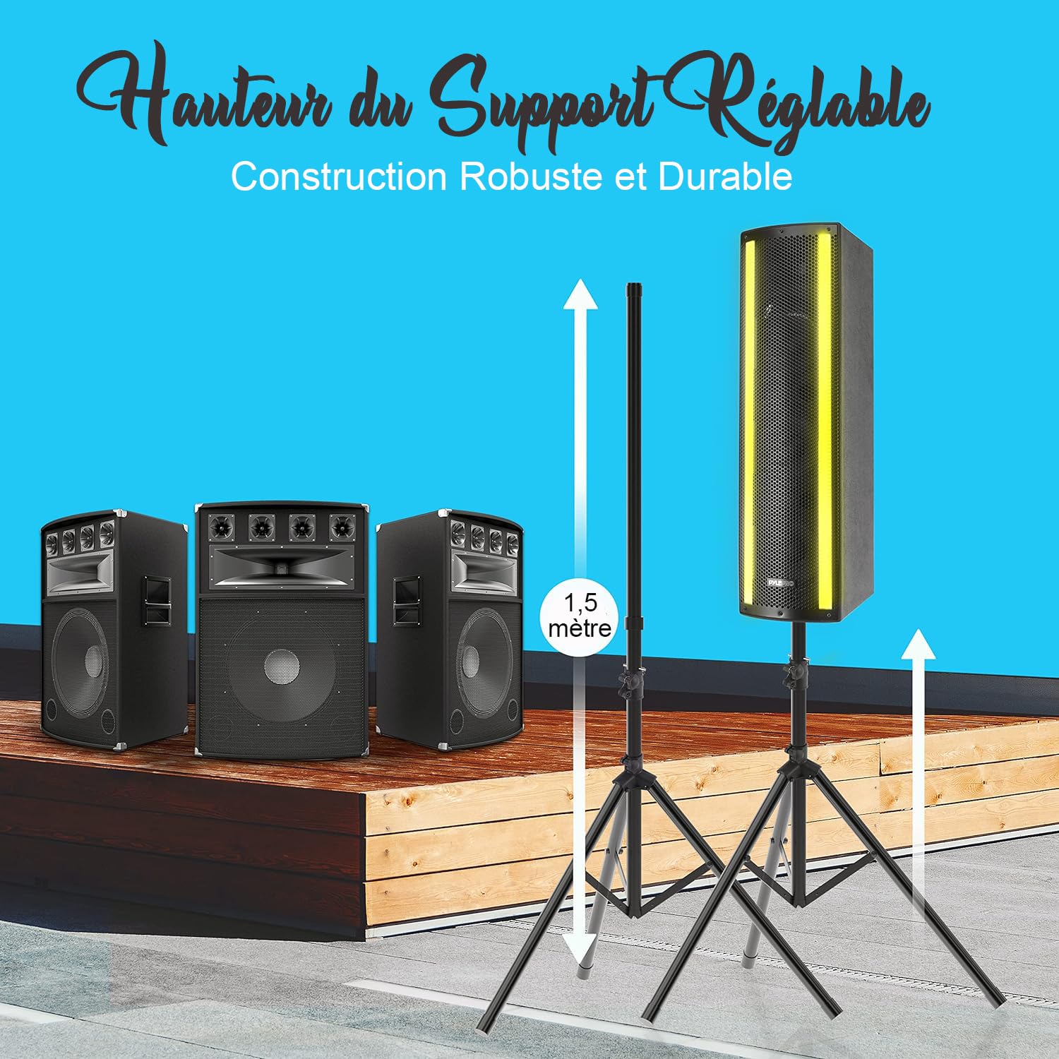Pyle Système de Haut-Parleur Portable Bluetooth PA 3 Voies Actif & Passif pour l'extérieur Système PA Portable avec entrée Microphone, lumières de fête, trépied Radio FM, télécommande, Noir