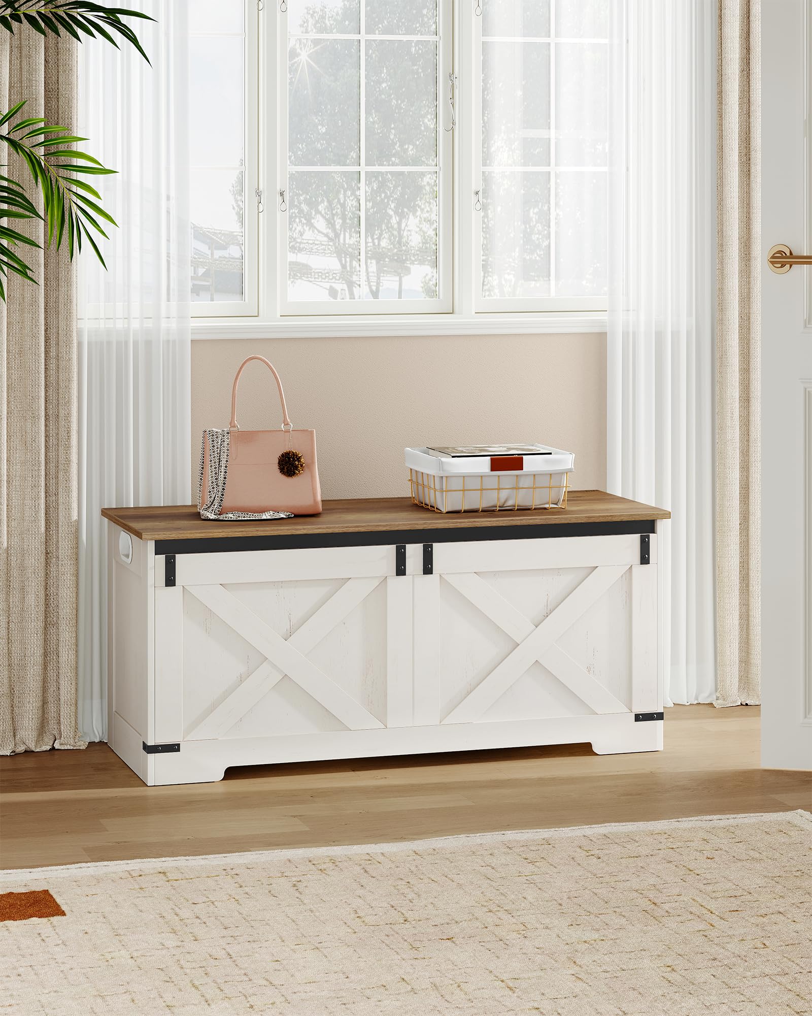 Hzuaneri 109 cm Banco de Almacenamiento, Caja de Madera con Bisagras de Seguridad, Armario de Depósito 40 x 109 x 48,5 cm, para Entrada Dormitorio Salón, Blanco Marrón SB10914X
