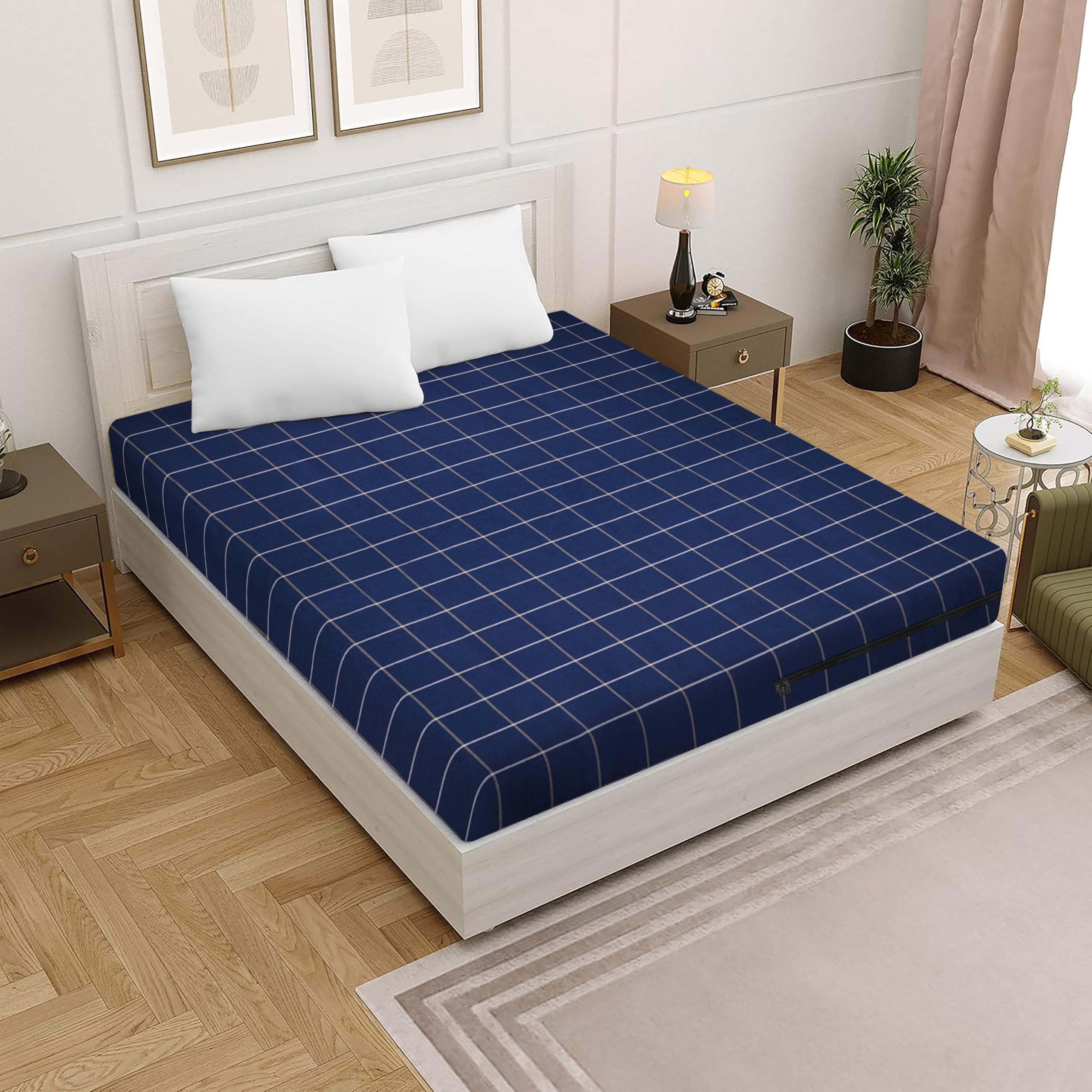 Star Weaves Mattress Cover | Cotton Mattress Covers King Size Bed - 78x72x6 Inches | Mattress Protector with Zipper Chain | Mattress Protector Cover | King Mattress Cover (Blue)-image-0