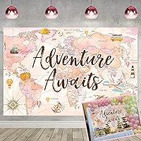 Vista 1 de Telón de fondo de aventura de 7 x 5 pies con temática de viaje, decoración de fiesta de espera, Bon Voyage, mapa de aventura, fotografía, fondo